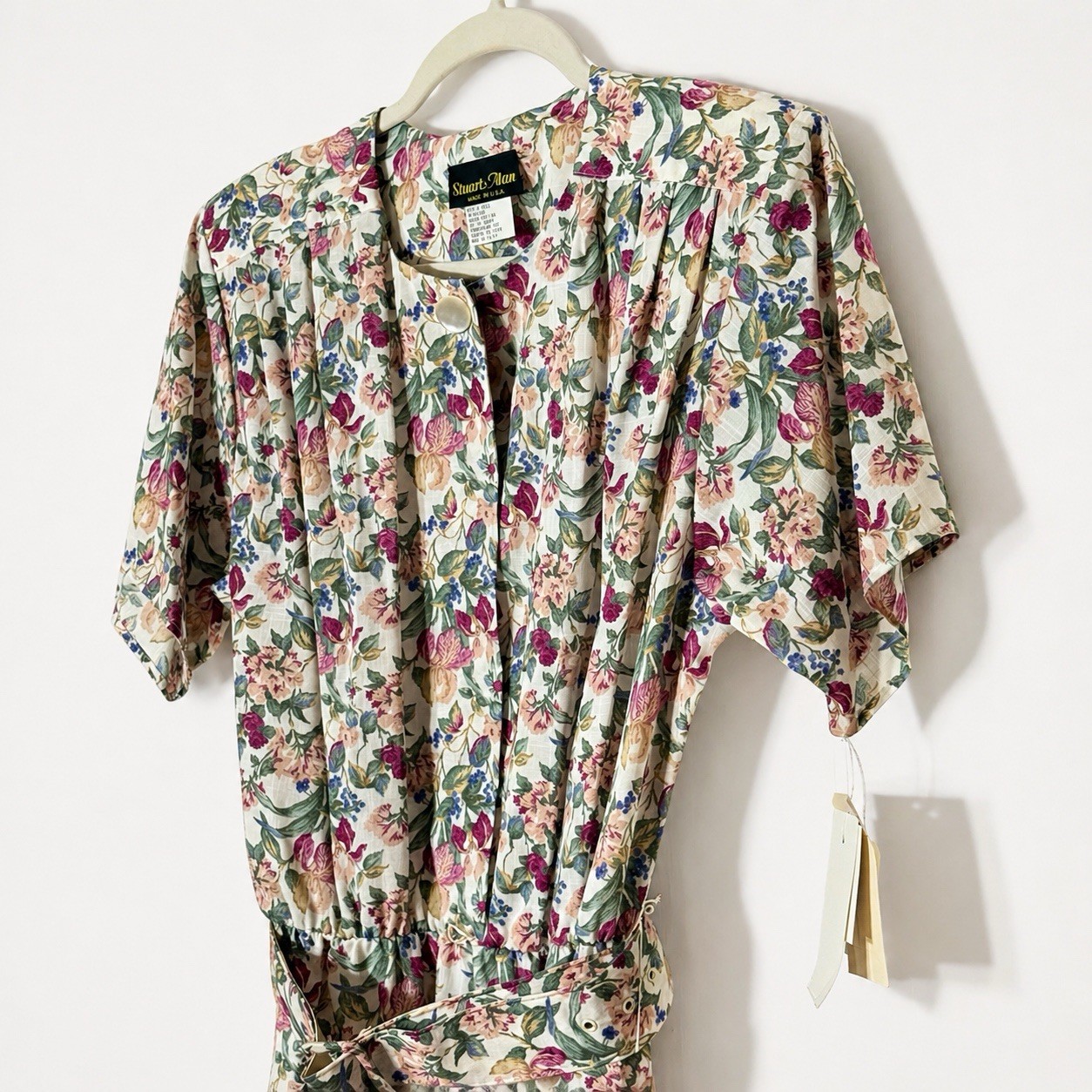Vintage Deadstock Stuart Alan Floral Midi Dress Pleated Belted Made USA Size 16