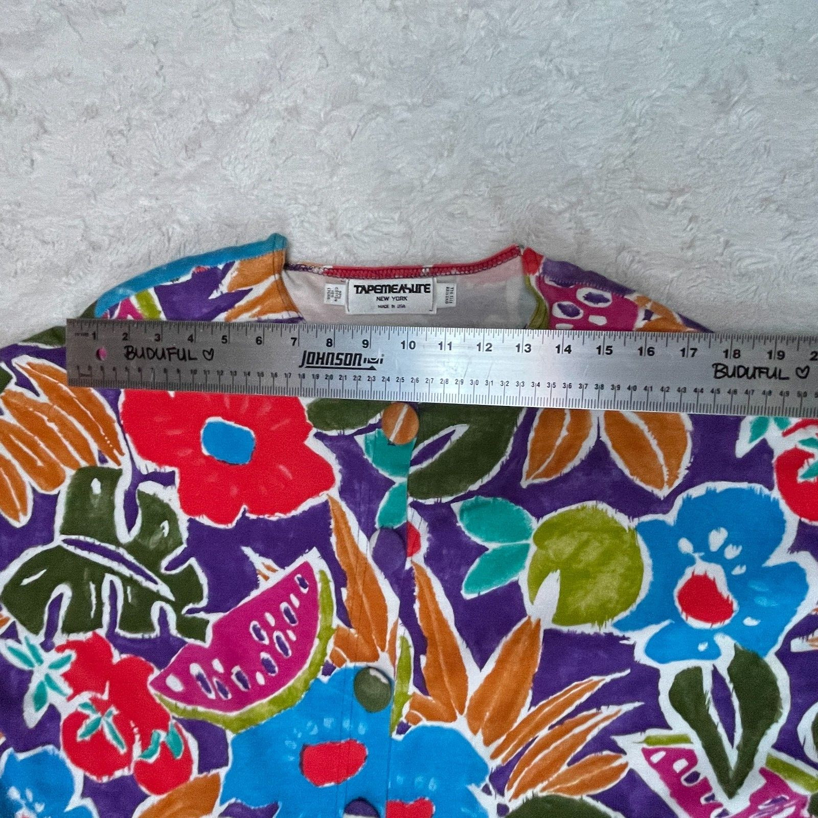 Vintage Tape Measure Women One Size Colorful Floral Print Shirt Drawstring Waist