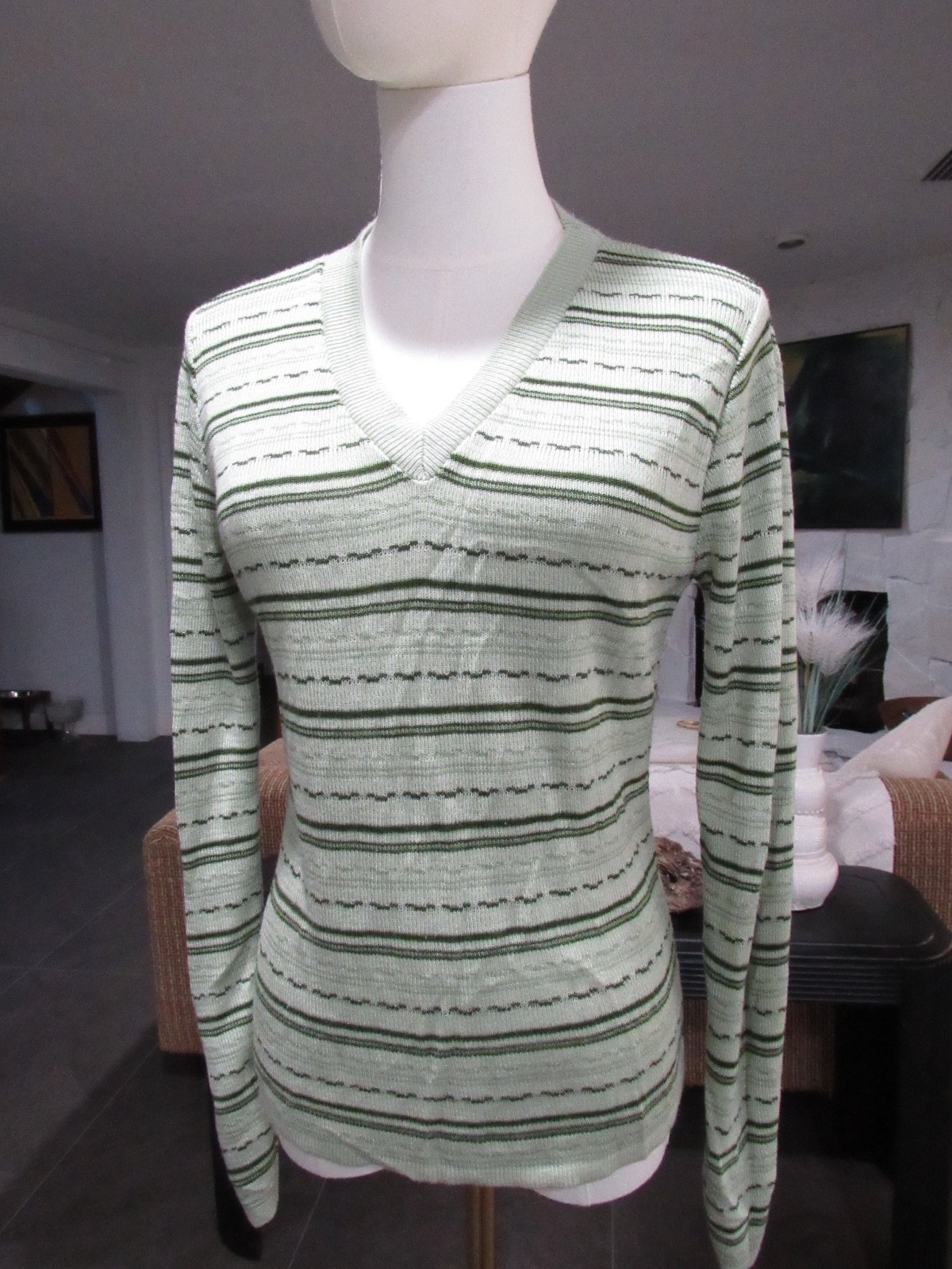 VTG 70s 90s Y2K Top Green Striped Disco V Neck Grunge Hippie Boho M SWEATER mod