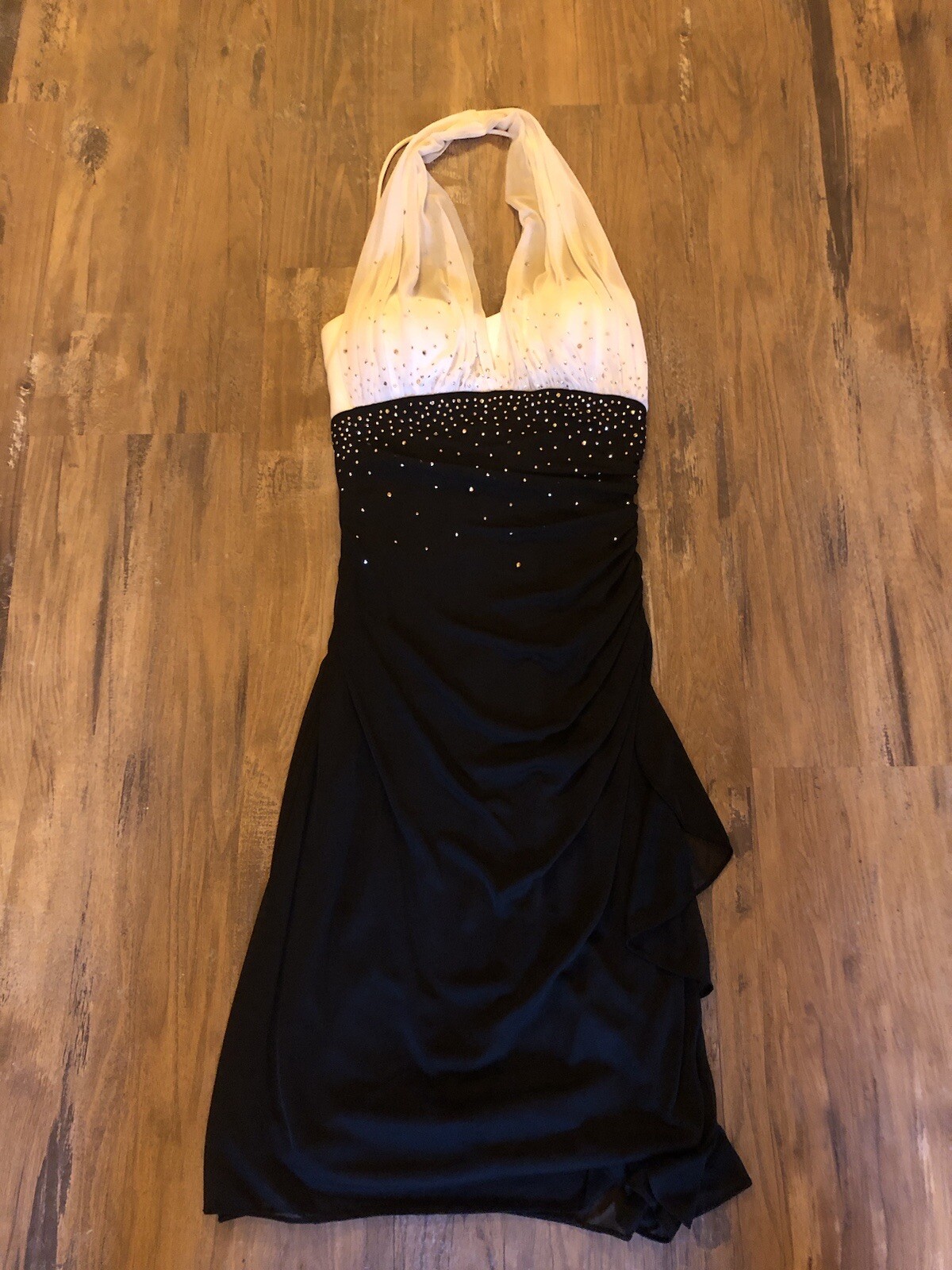 Vintage 90’s Y2K Blondie Nites Black & White Embellished Halter Fitted Dress