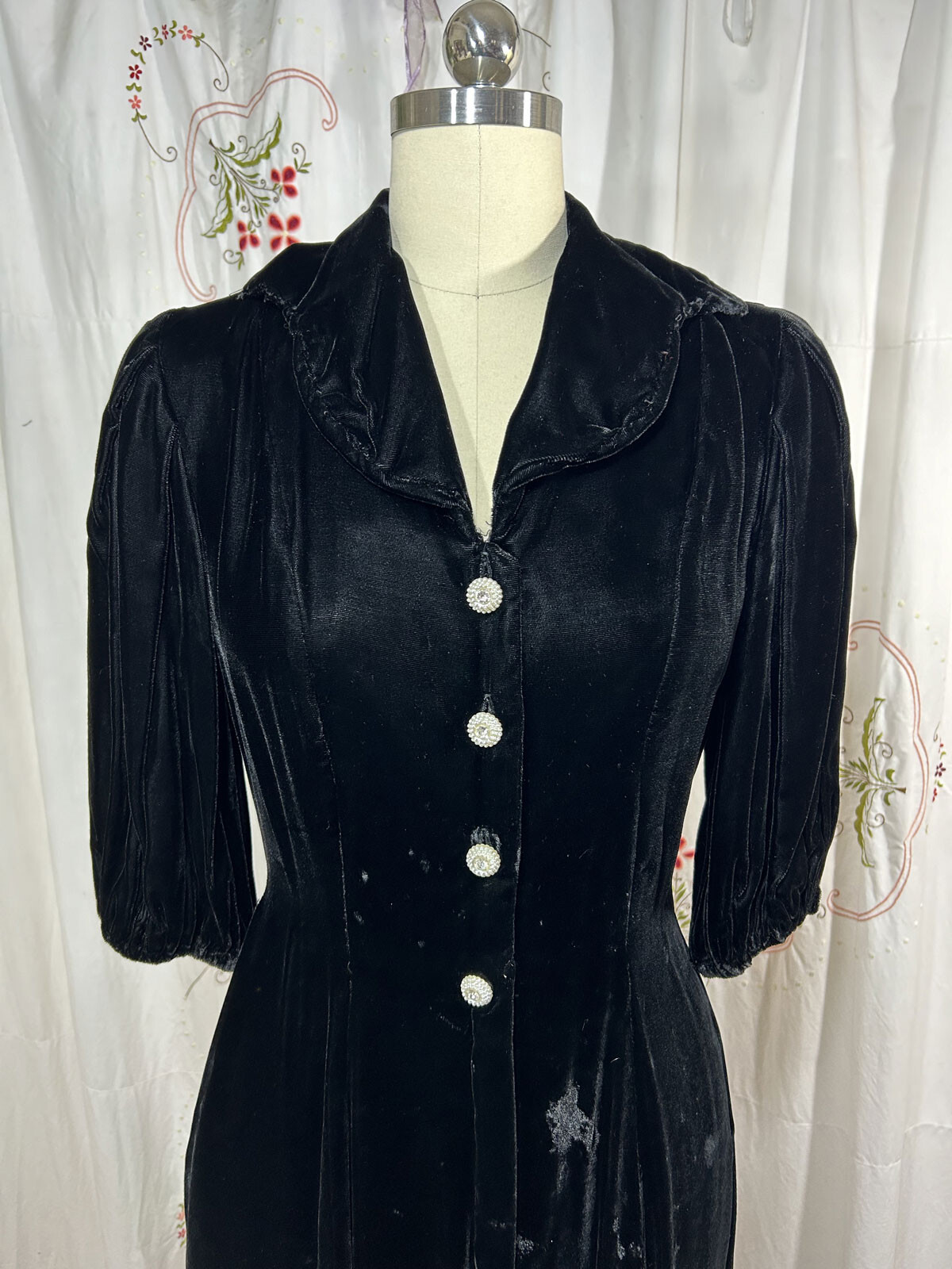 Vtg 30s Black Silk Velvet Long Dress Rhinestone Buttons Evening Hollywood sz 8/S