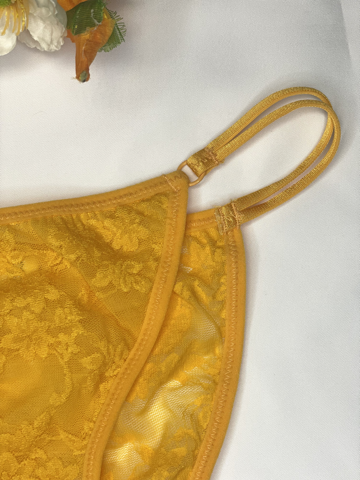 Retro Floral Mesh Sheer Nylon Panty Silky Lace Golden Hi Cut Bikini Briefs Sz.5