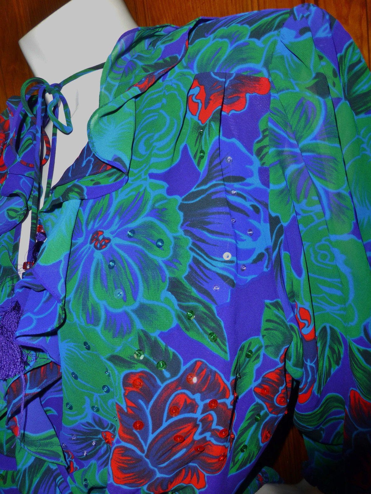 Vtg 80s Floral Georgette Freis Style Sequins Ruffles Boho Hippie GIPSY DRESS XL