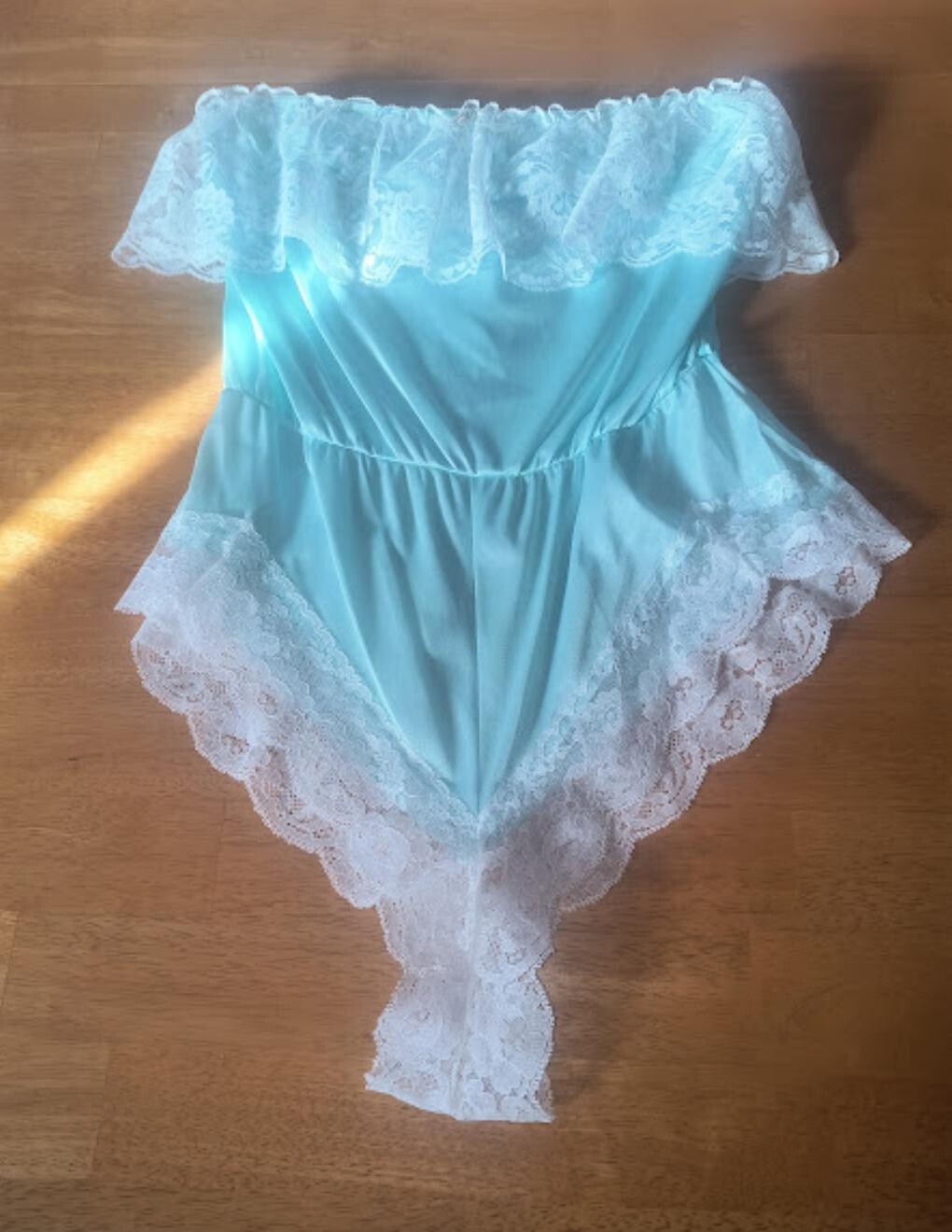 Vintage Blue Lacy Strapless M Romper Sheer Cheeky Teddy Lingerie Made In USA