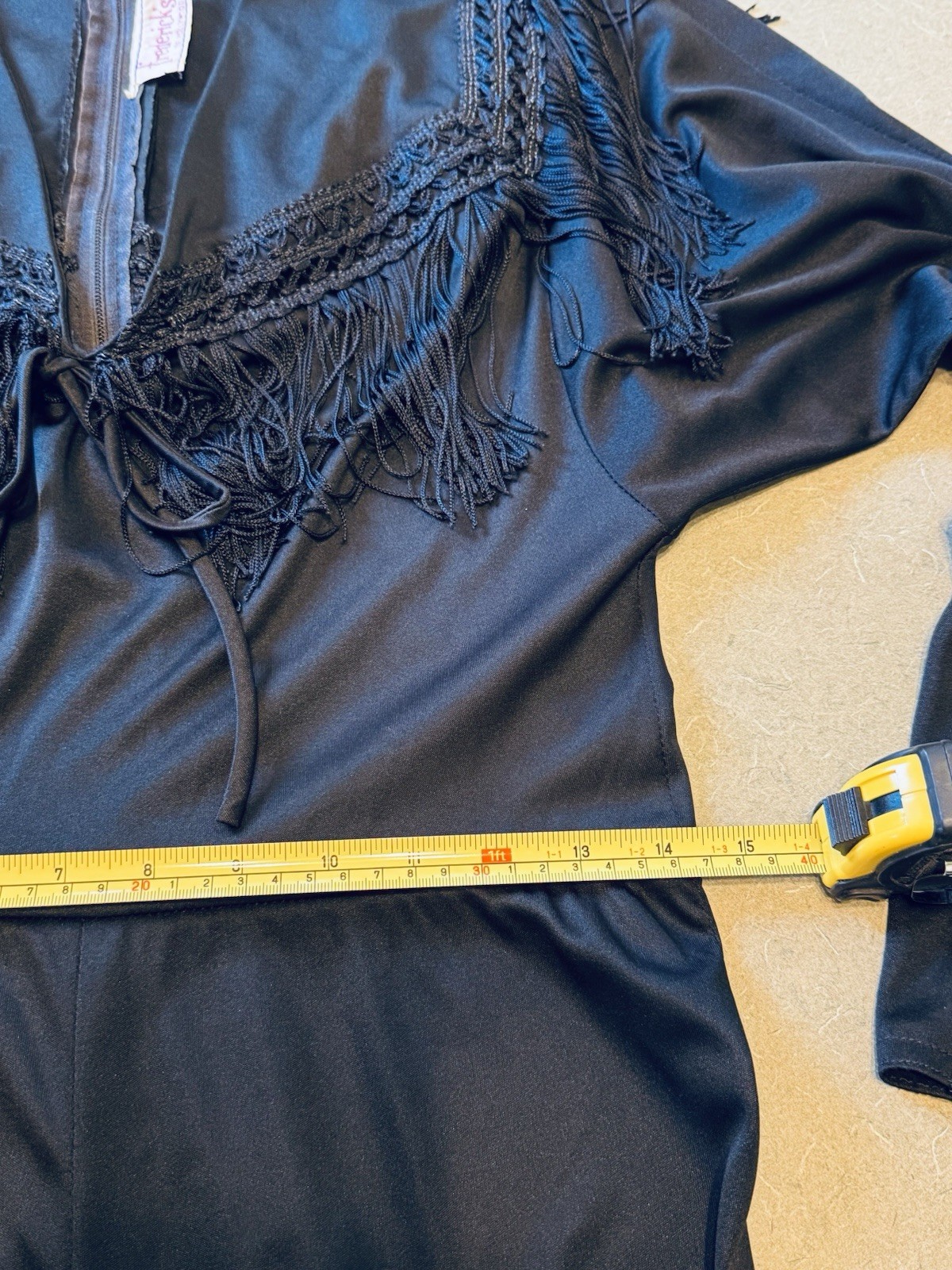Vintage Frederick’s of Hollywood Black Fringe Disco Jumpsuit Wide Leg Boho S/M