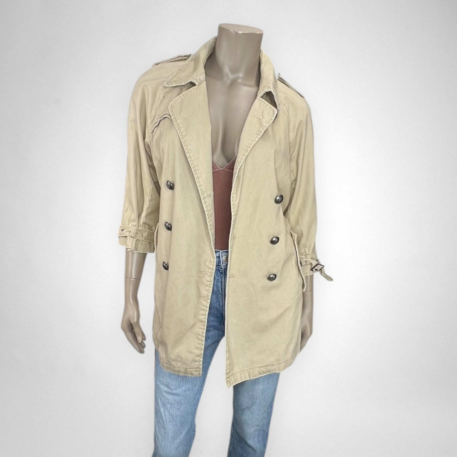 WE THE FREE Anthropologie 100% Cotton Khaki Pea Trench Jacket M