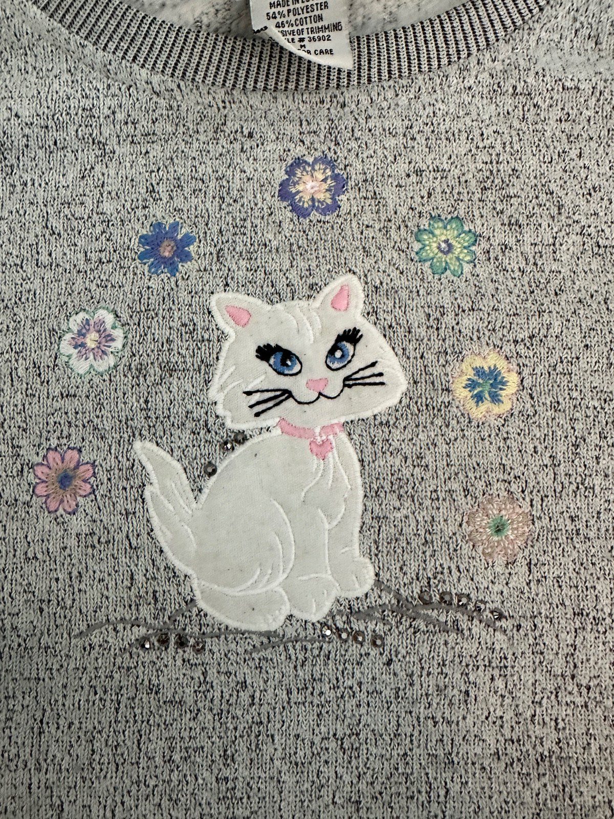 VTG Bonworth Knit Sweatshirt Sweater White Cat & Flowers Granny Core Grandma M