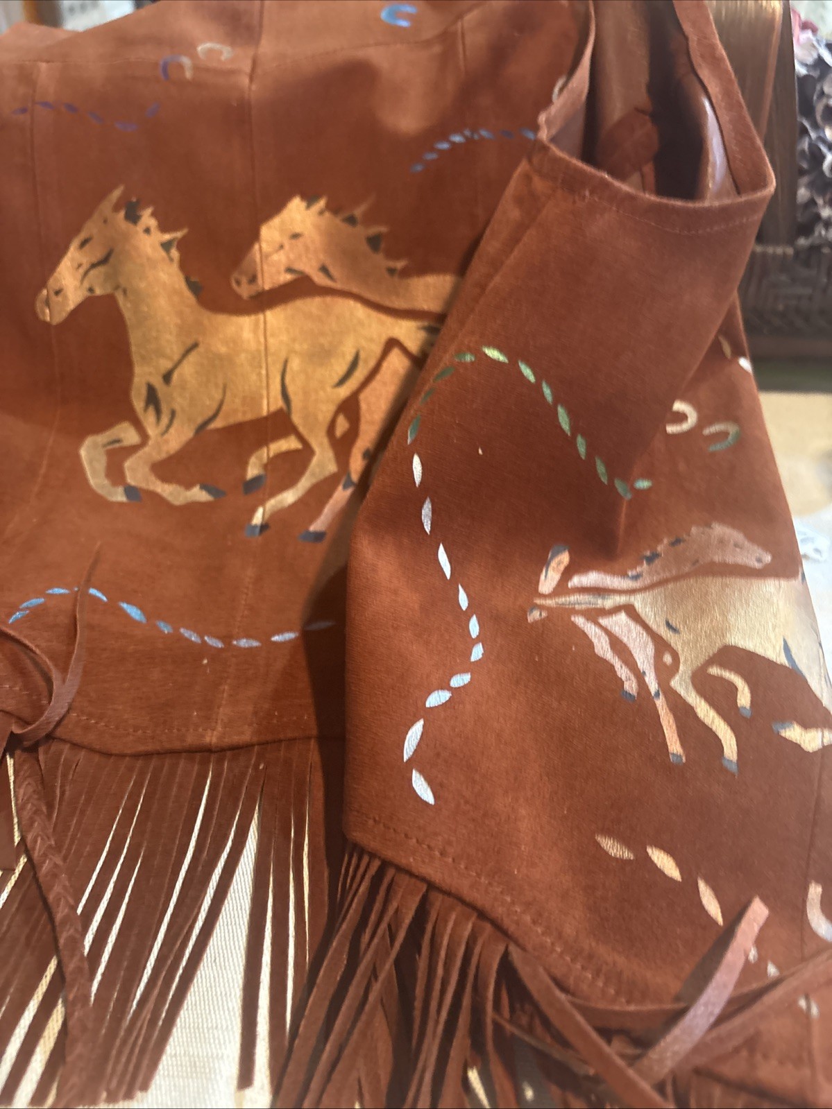 Char Leather Fringe Hand Painted Vest Size XS Santa Fe