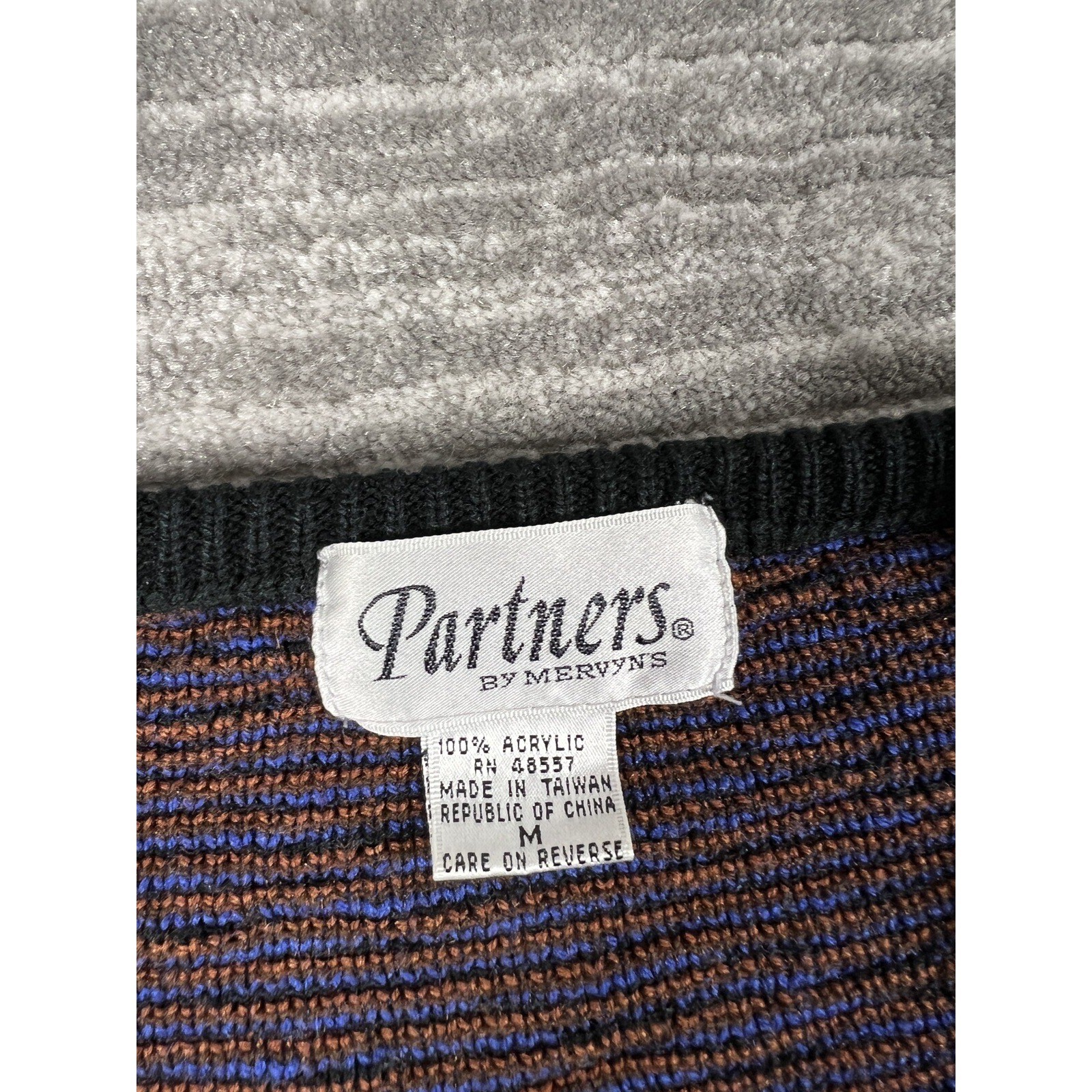 Partners by Mervyns Sweater Women Medium Blue Brown Vintage Patchwork V-Neck 80s
