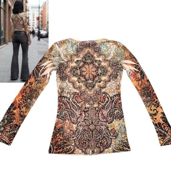 🎨DEADSTOCK Y2K EURO STYLE Stained Glass INTRICATE Bling Top – XL (Fits M/L)