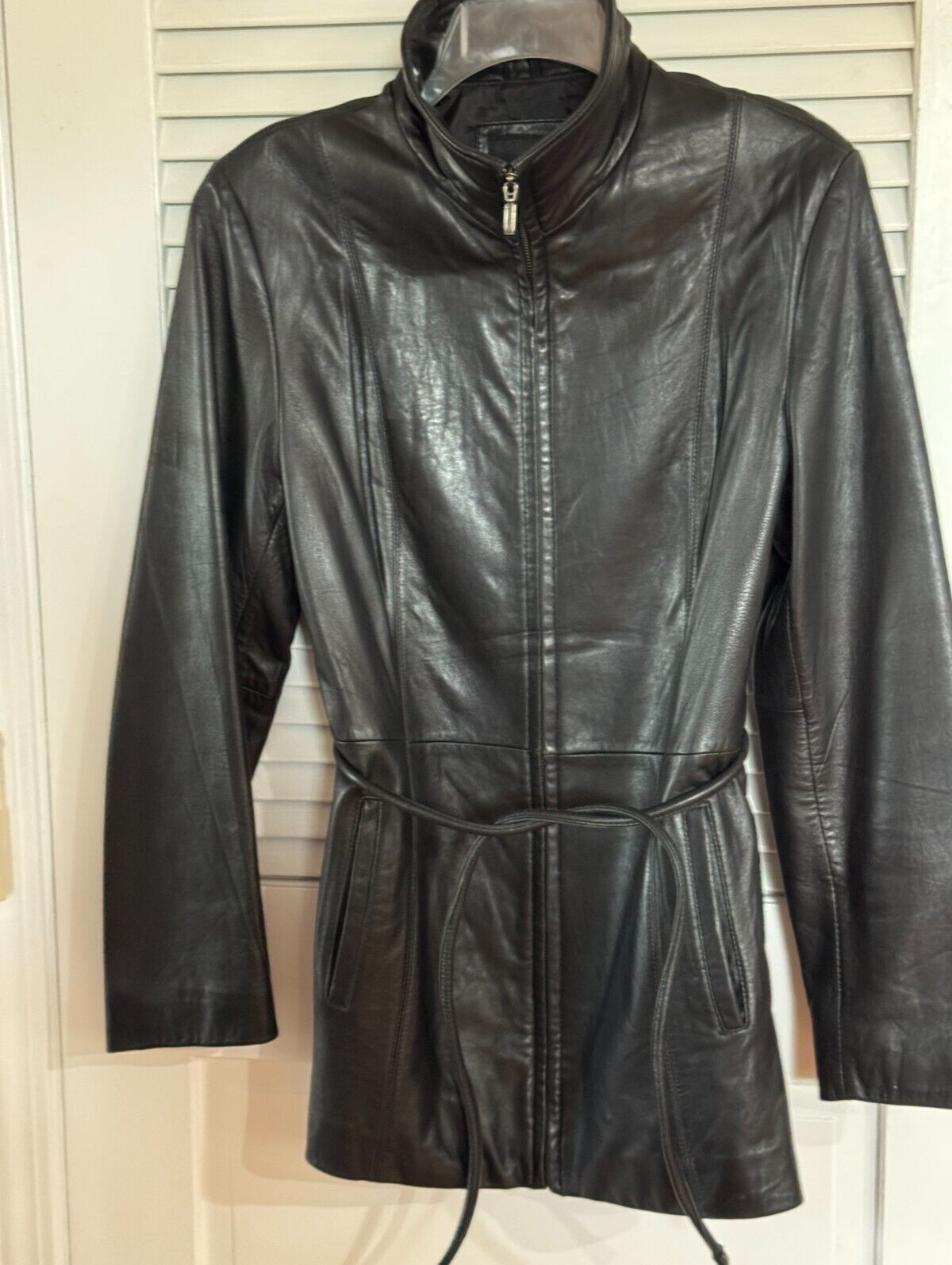 ☘☘JLC New York Outerwear Black Glove Leather 3/4 Zip Belted Coat Size Medium ☘☘