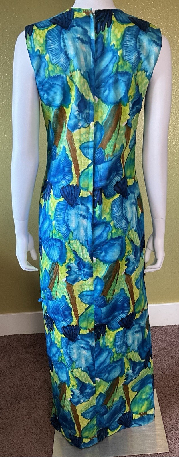 Vtg McINERNY Womens Hawaiian Maxi Dress Watercolor Floral Talon Zip Side Slit 12