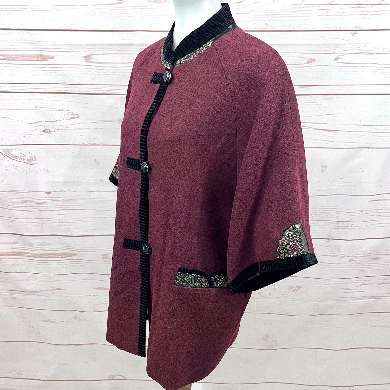 Vintage Asian Mandarin Collar Satin Brocade Velvet Kimono Blazer Cape Jacket
