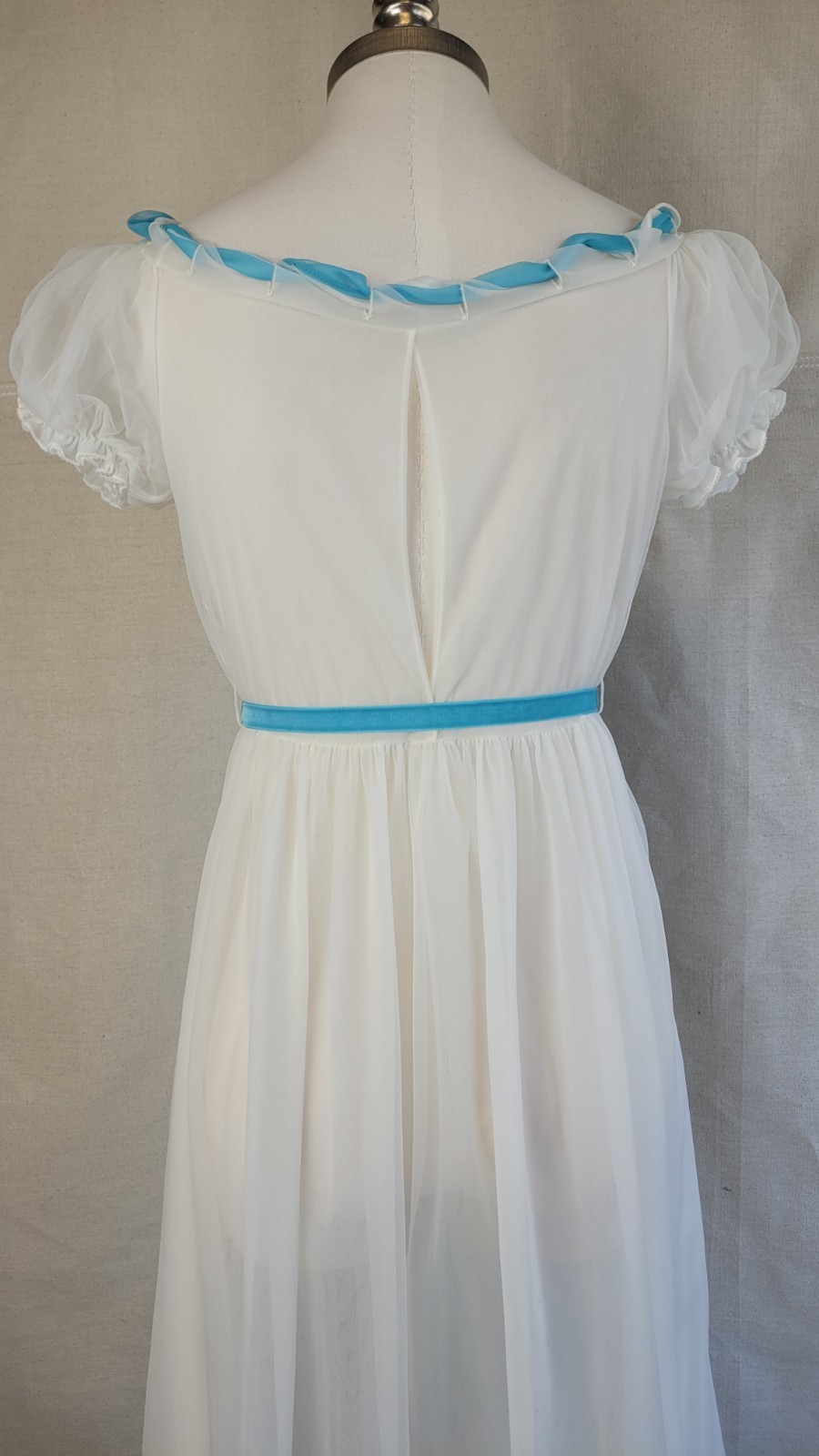 1960s exquisite sheer long white peignoir set with shirring & turquoise accents