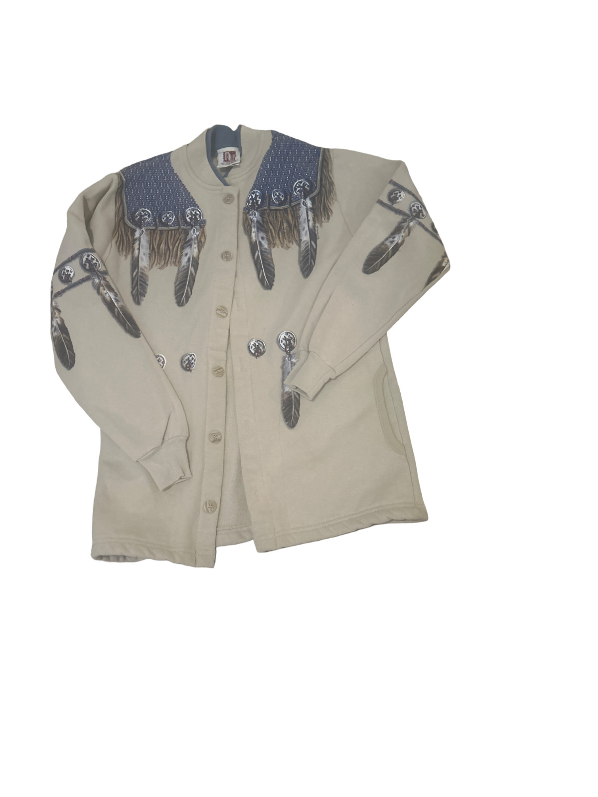 VTG 90s Art Unlimited Fleece Cardigan Jacket Small Beige Southwestern Feather
