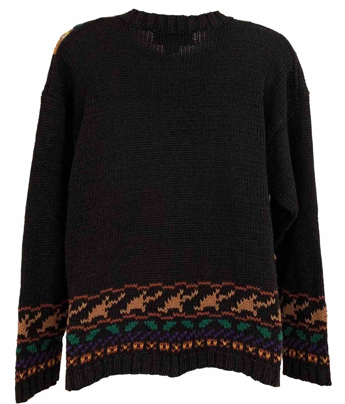 Vtg REFERENCE POINT Sweater Sz L Black Floral Leaf Boho Whimsycore Forest Fairy