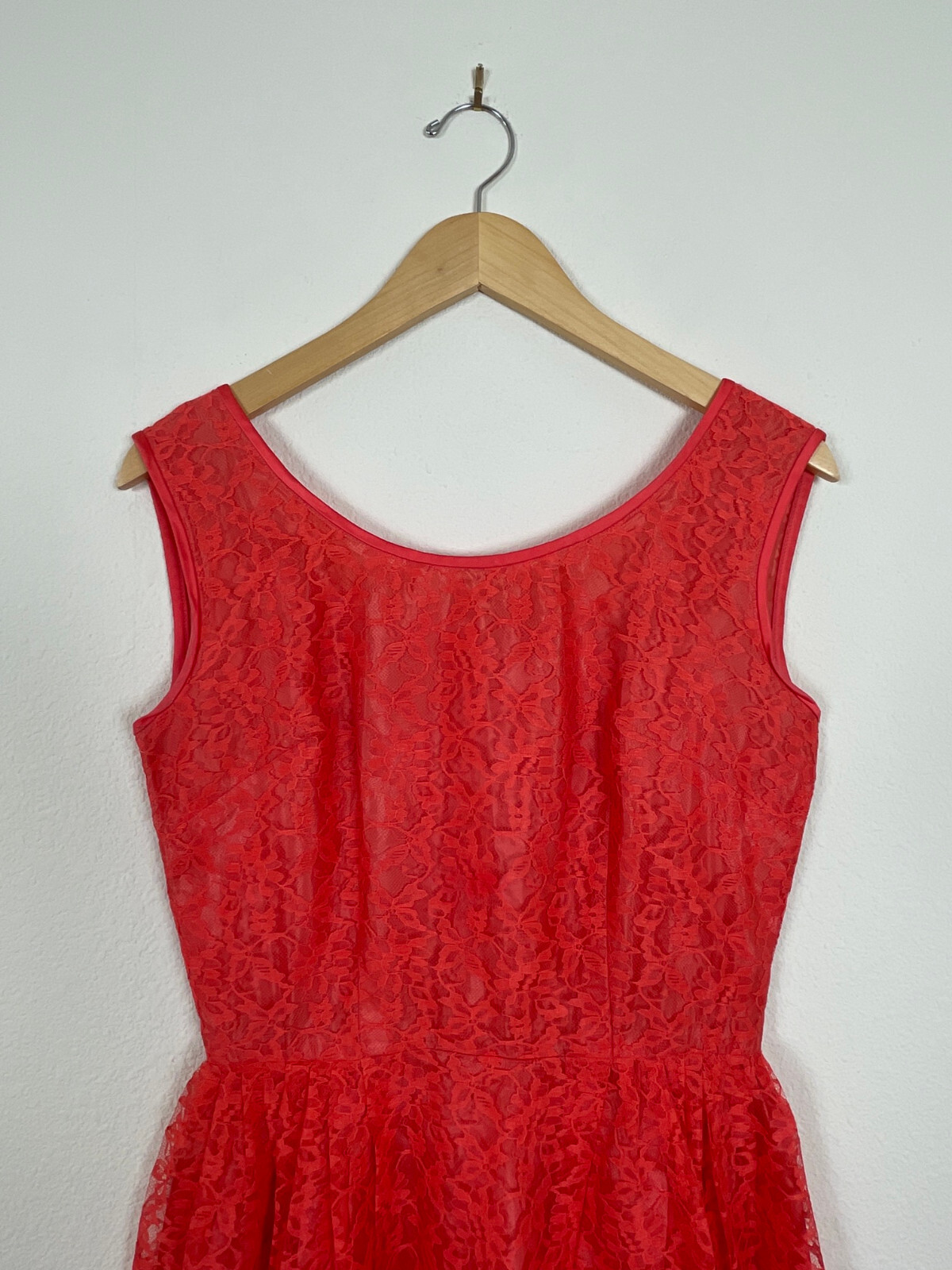Vtg 50s CORAL LACE Dress J. Harlan Rockabilly Pinup Red Party Sheer Sexy 1950s