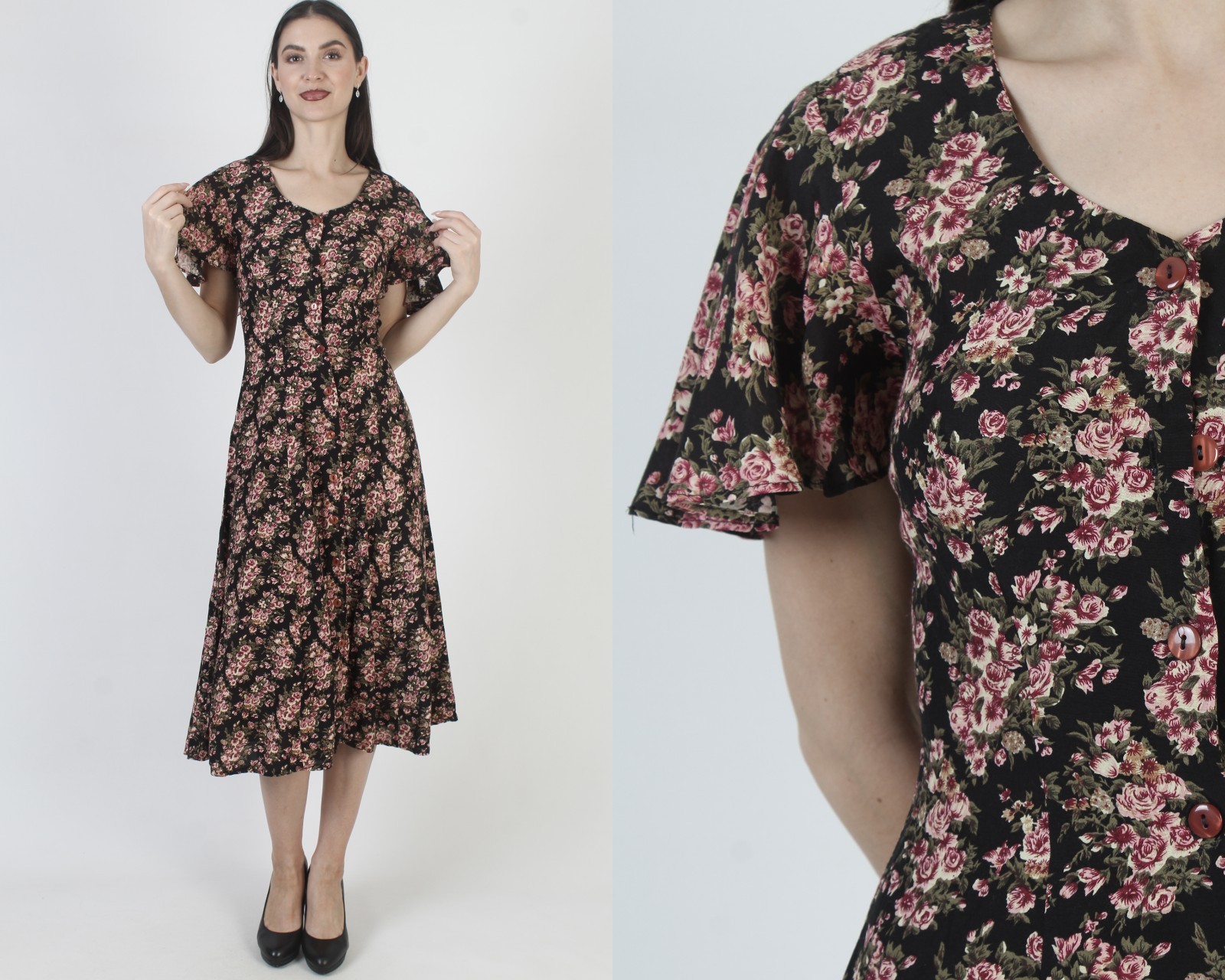 Vtg 90s Rampage Black Floral Dress Grunge Button Up Corset Gypsy Skater Midi