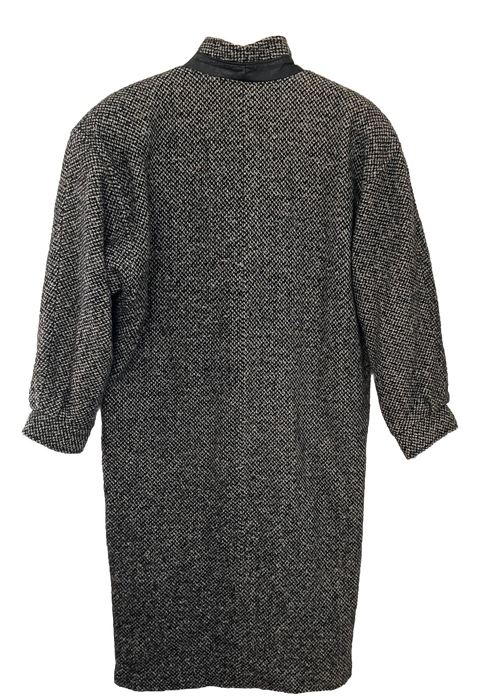 Vtg 80s DONNYBROOK Black White Tweed Long Coat w/Leather Accents Women Sz 12
