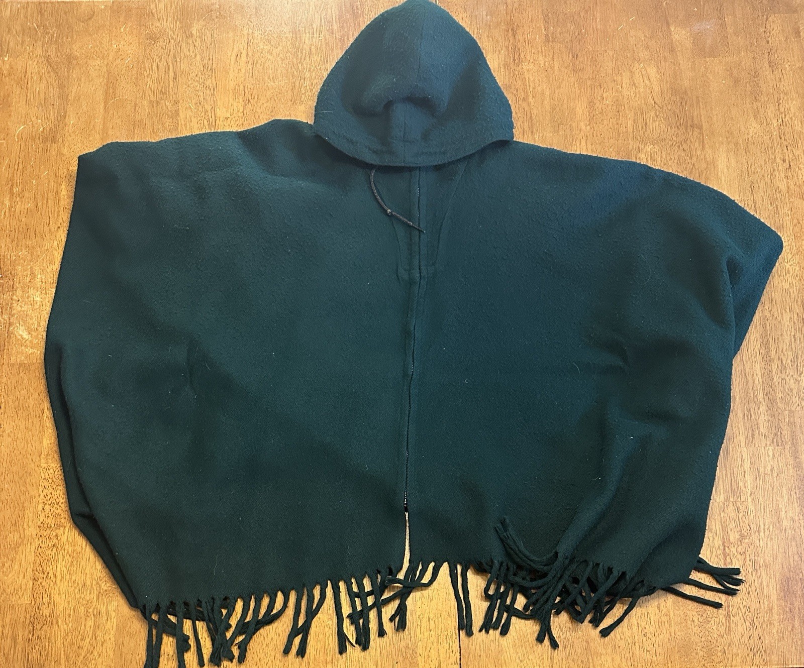 Vintage Green Wool Fringe Poncho Western Mexican Wear Talon Zipper