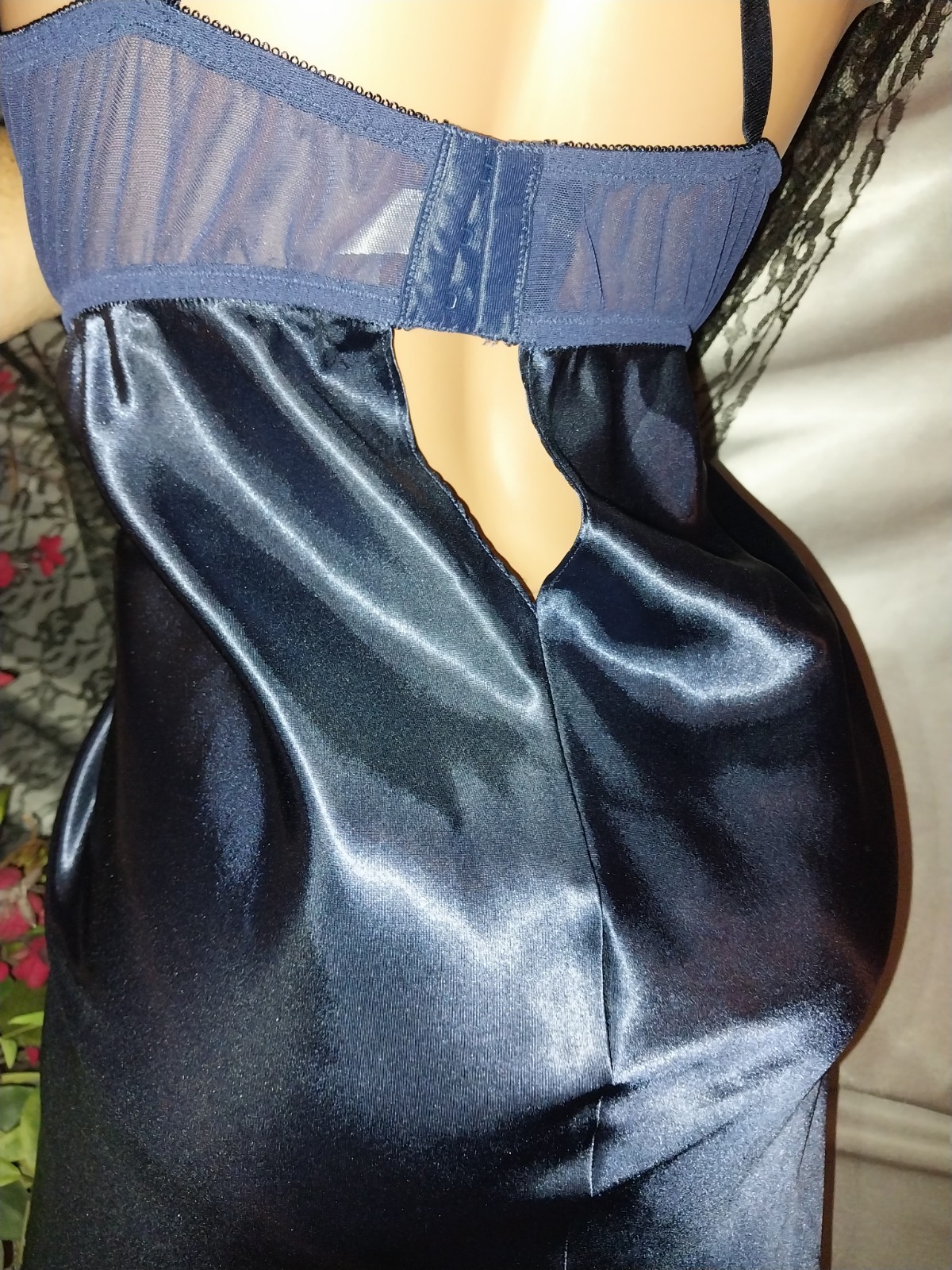 VTG SATIN SHINY SPANDEX LACE BRA BABYDOLL BLUE FLOWERS NIGHTGOWN PLUS 46 48 2X