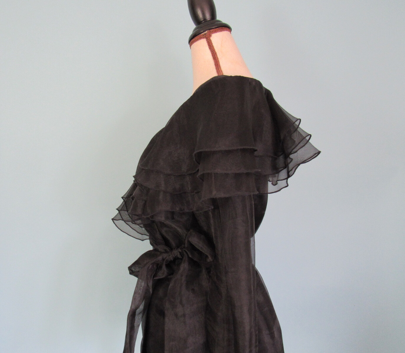 Size M HAMPTON NITES Black Wrap Blouse VINTAGE Shoulder Ruffles Sheer Sleeve
