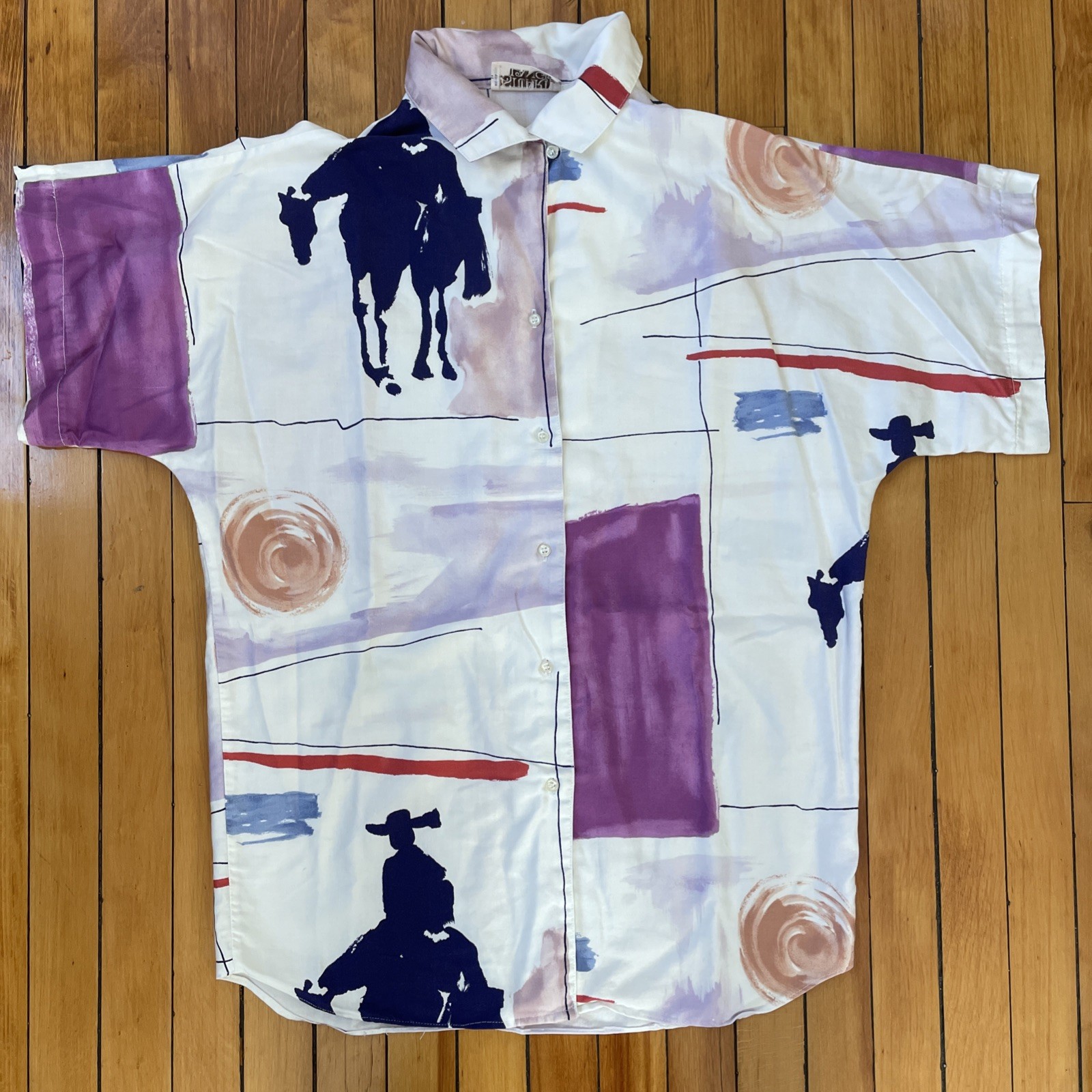 Vtg 80s Stuart Lang Button Up Abstract Art Deco Horse Cowboy Western Sz 6 L