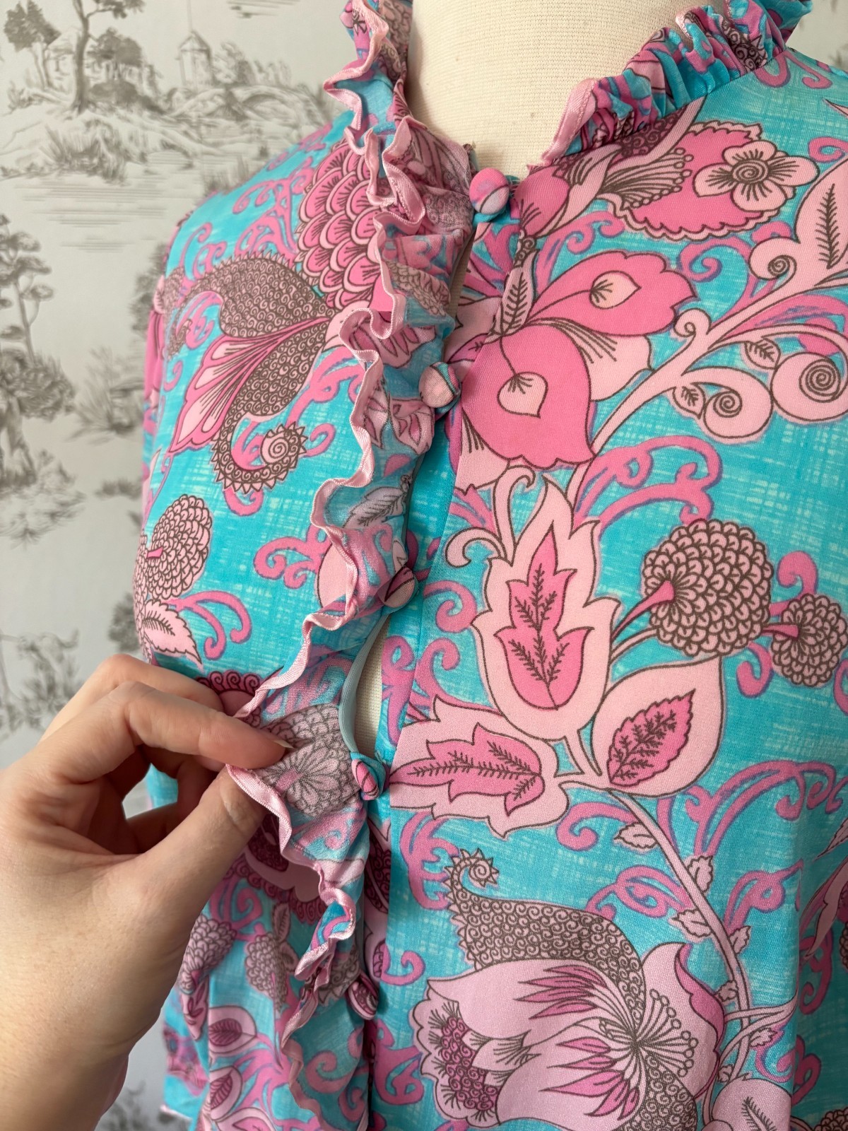 Vintage 70s Funky Floral Midi Dress Blue and Pink Gathered Tie Waist Ruffles