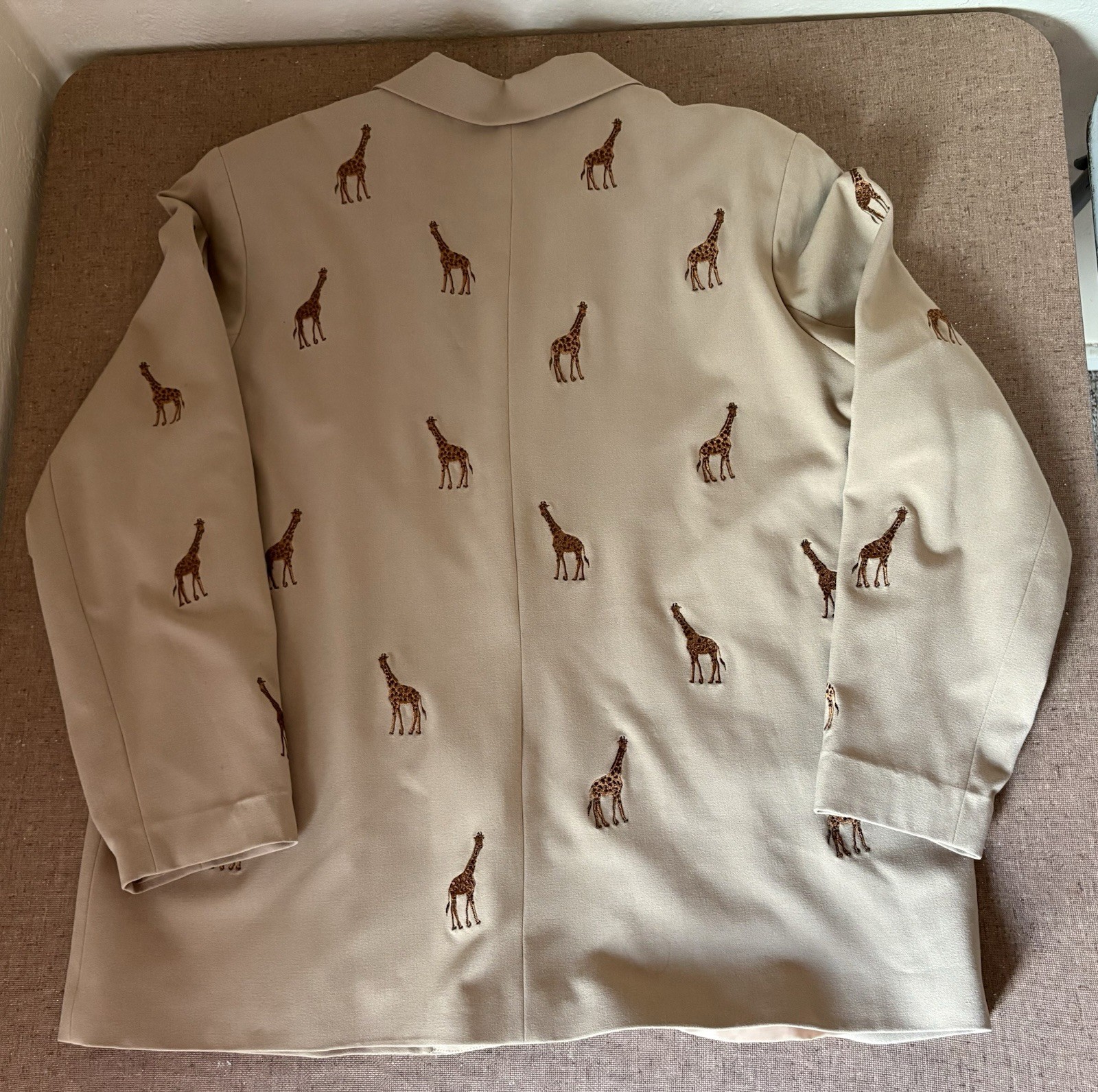 VTG The Quacker Factory 1X Embroidered Giraffe Blazer Camel Khaki Retro Safari