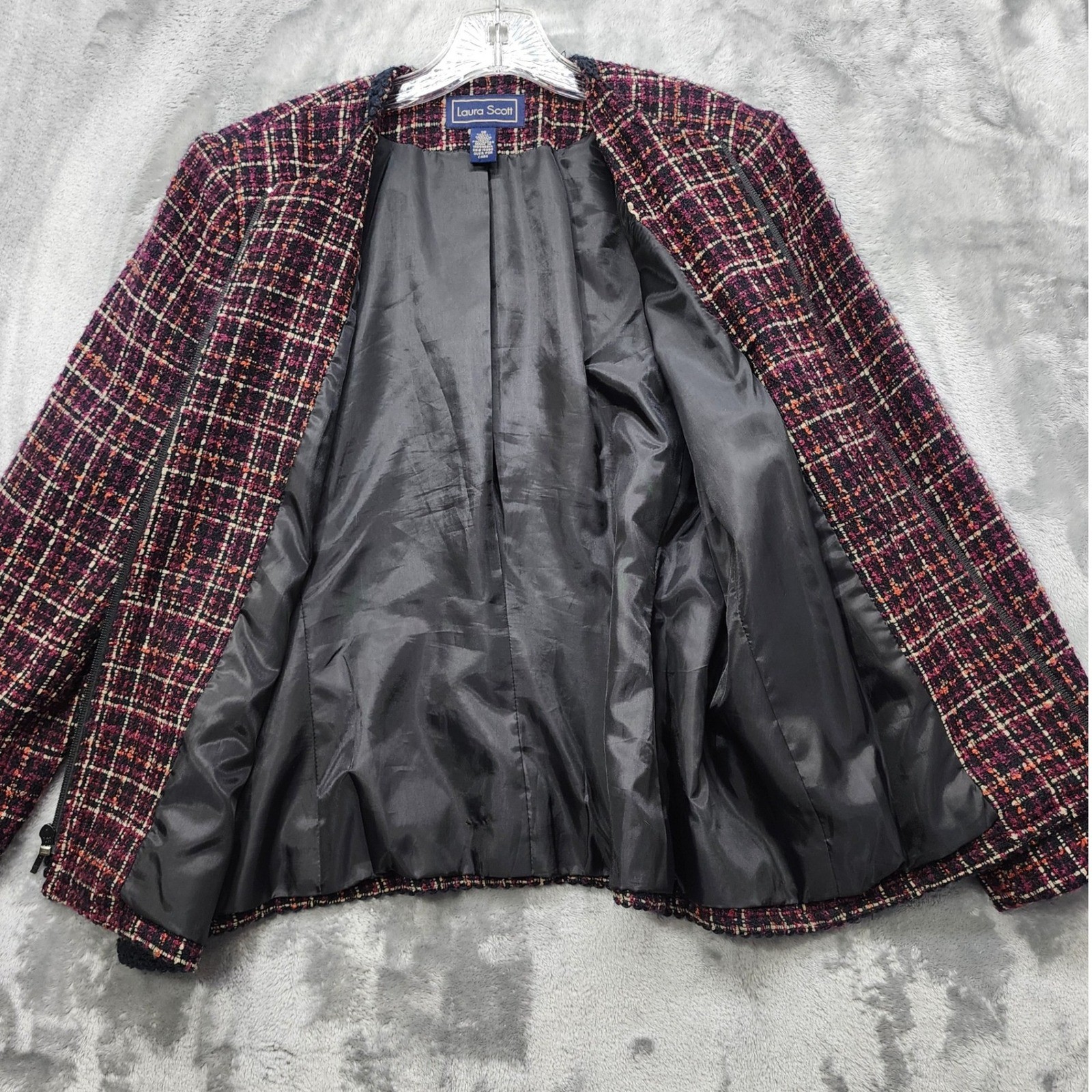 Vintage Laura Scott Jacket Womens 12 Multicolor Plaid Tweed Zip Blazer Preppy