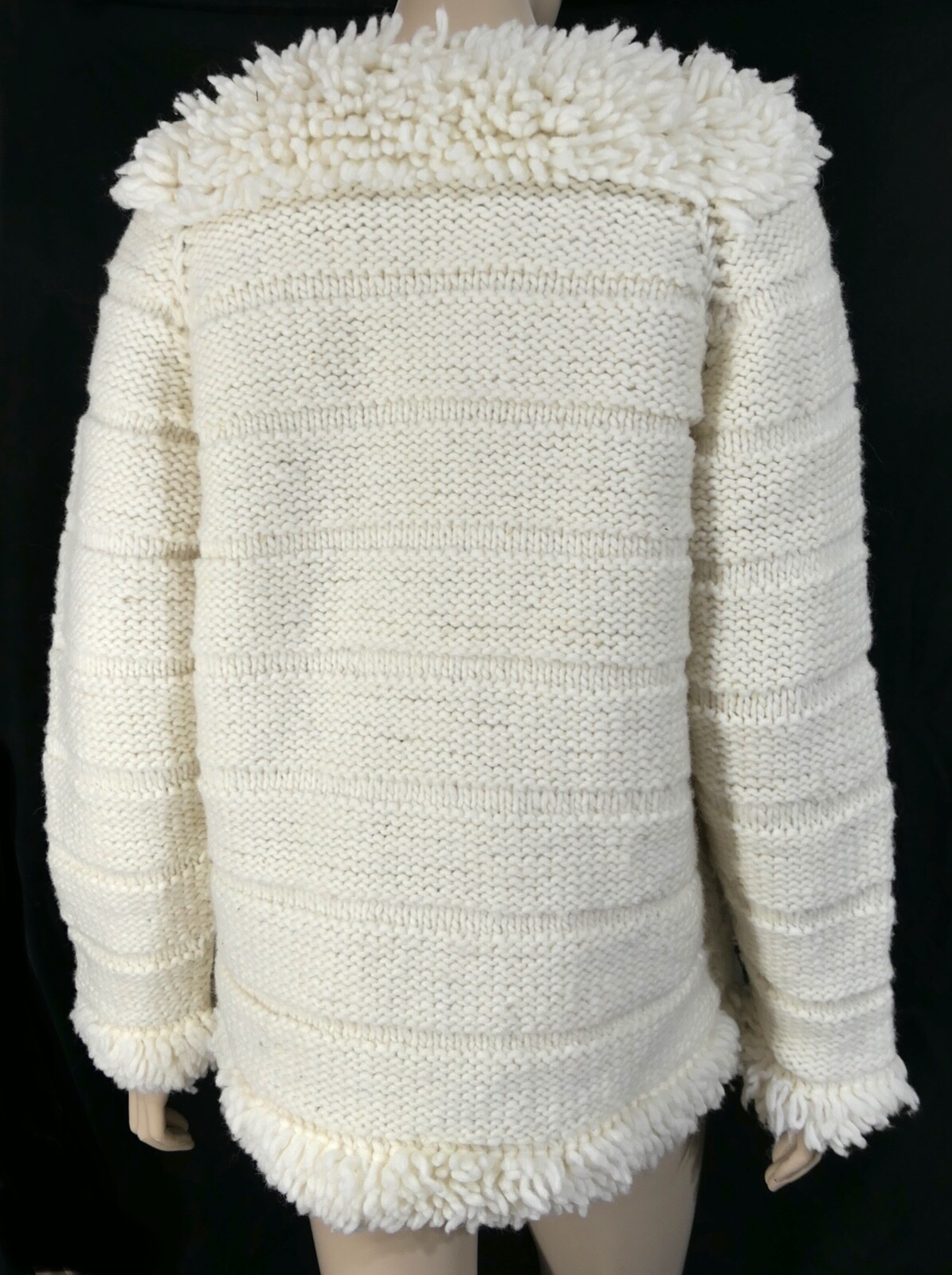 Vintage 70s Mod Hippy White Fringe Machine Wash Wool Sweater Jacket Equador M/L