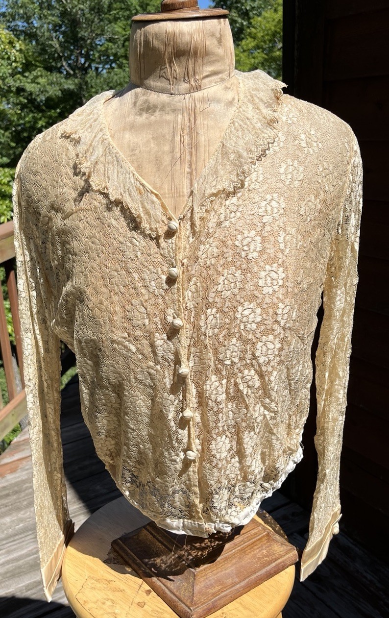 Ladies Edwardian, Floral Lace Blouse, Long Sleeves, Cloth Covered Buttons