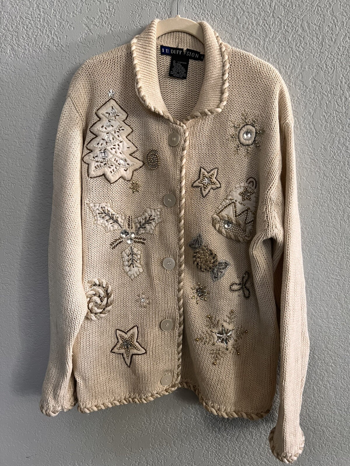 Vintage IB Diffusion Cream Gold Embroidered Bead Sweater Holiday Cardigan – LG