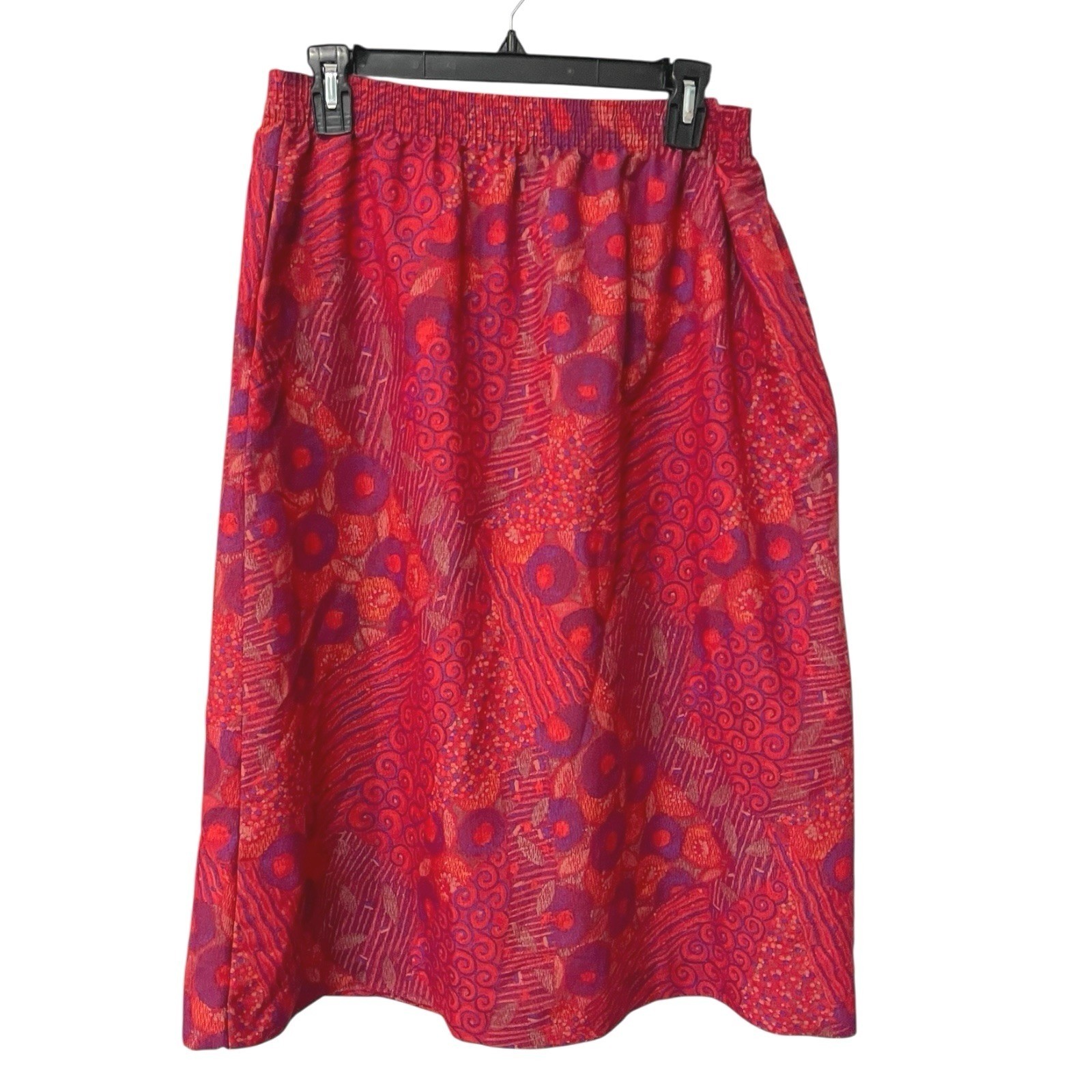 Nikki 13/14 Red Purple Abstract Midi Skirt Elastic Waist Retro Vintage Office