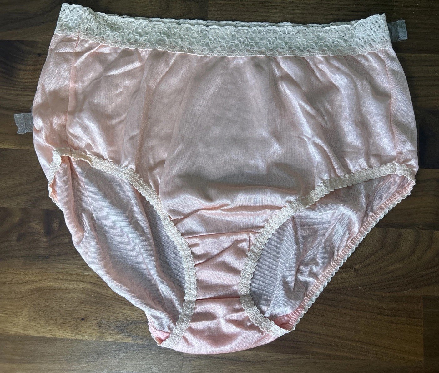 Vtg Fruit Of The Loom Panties Sz 6 Peachy Silky Nylon Lace Hi Cut Side Tag NOS
