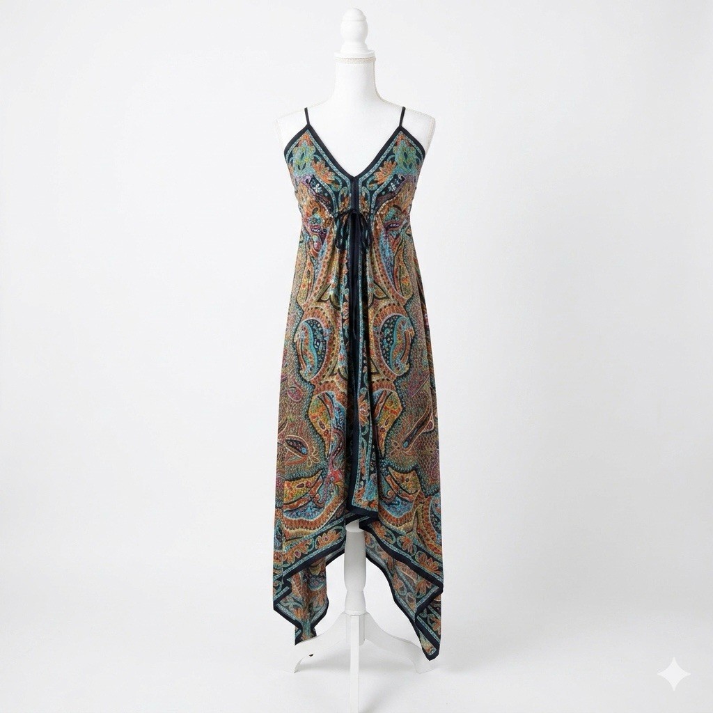 Vintage Wet Seal 100% Silk Paisley Scarf Print Handkerchief Hem Dress XS Y2K