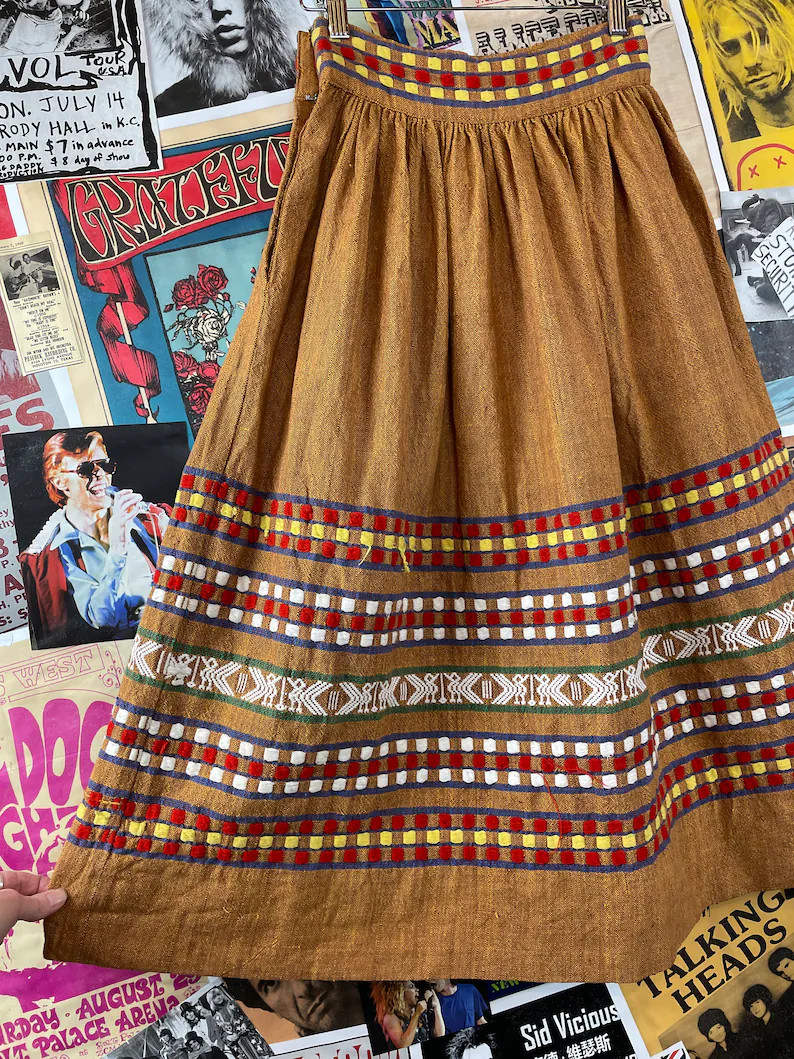 Vintage 50s Guatemalan Symbol Folk Art Embroidered Full Cotton Woven Skirt XS