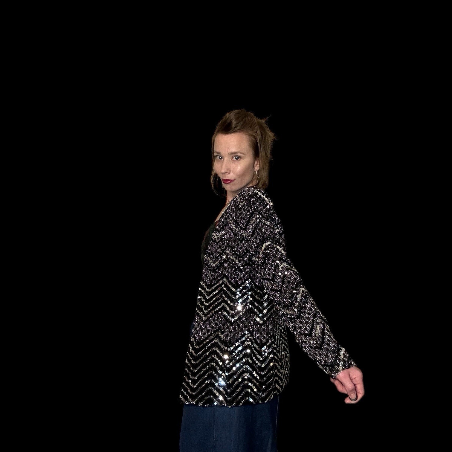 Vintage 80s Glam Formal Black & Silver Zig Zag Barclay Square Blazer Jacket