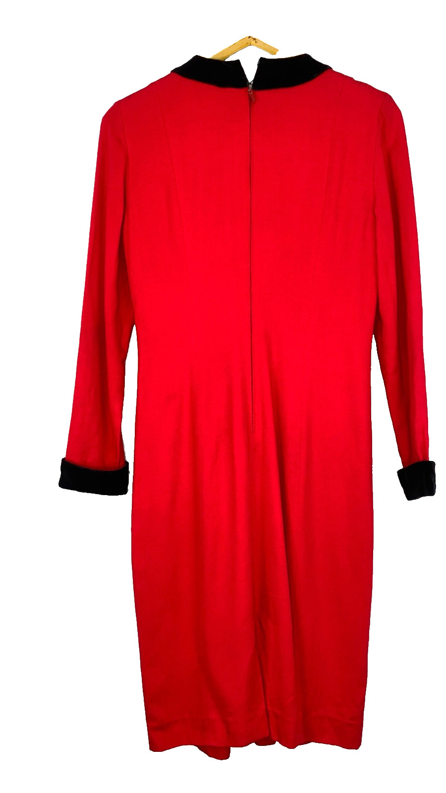 Vintage 1980s red midi dress M black velvet rayon wool long sleeve shift