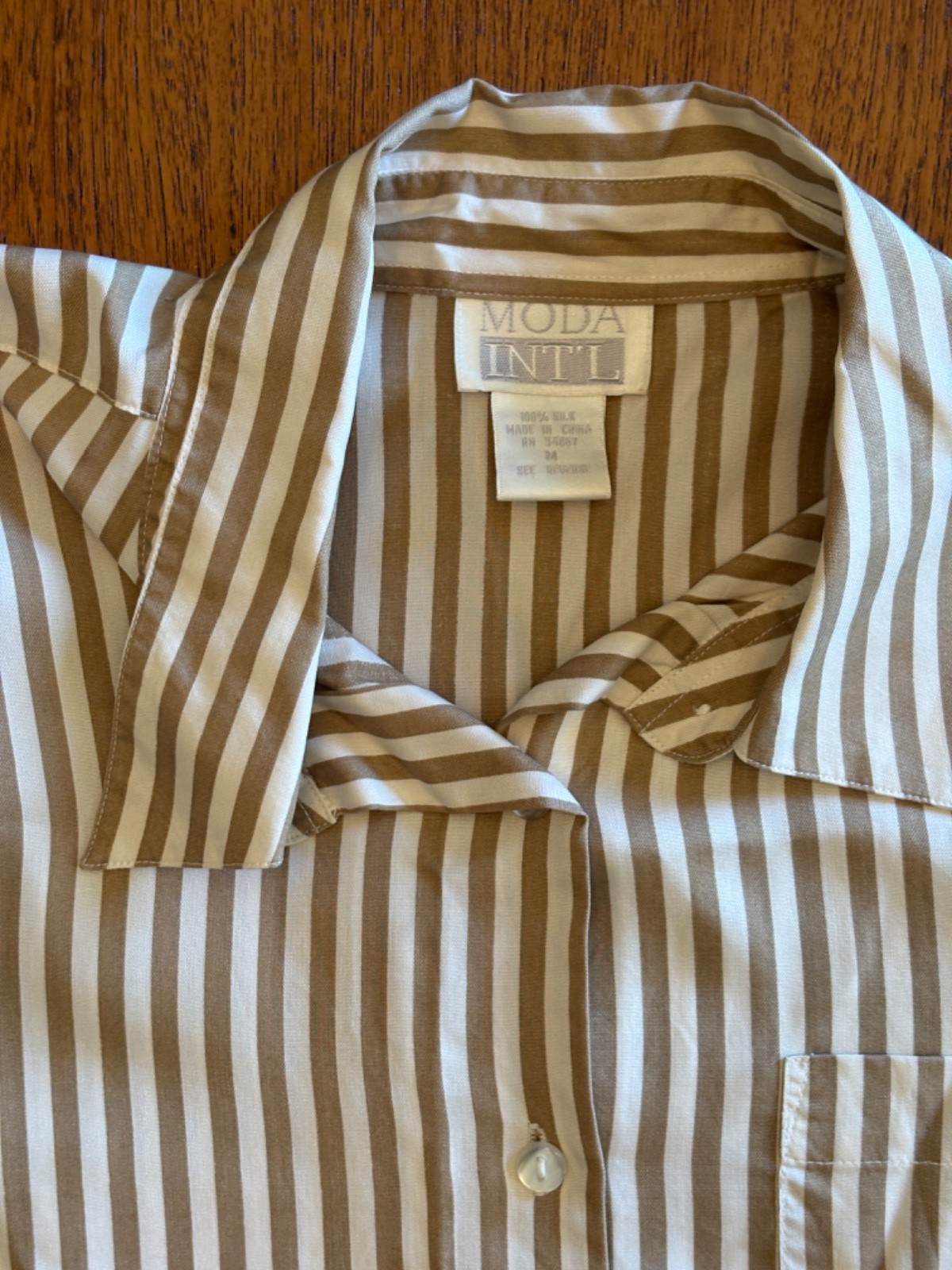 Vintage 1990s Silk Nude Striped Button Down Blouse M Sleek Minimalist Polished