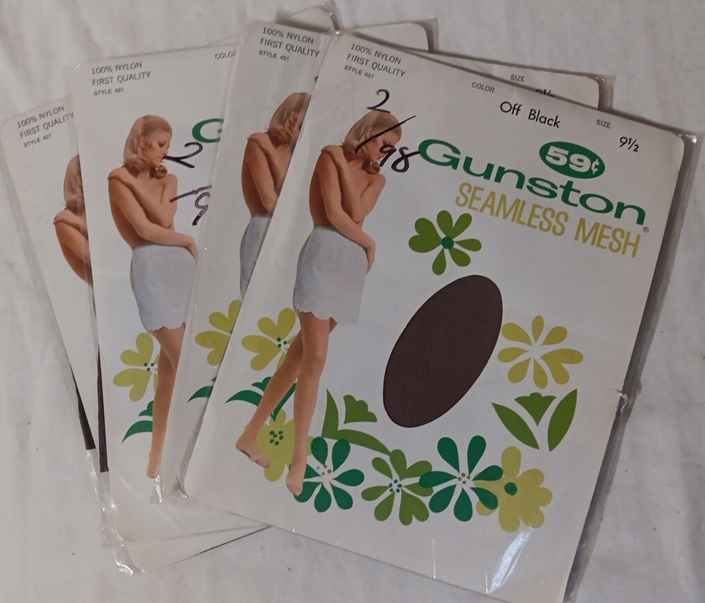 Vtg Gunston Nylon Pantyhose Sz 9.5 Seamless Mesh Off Black 4 Pkgs NOS 60’s