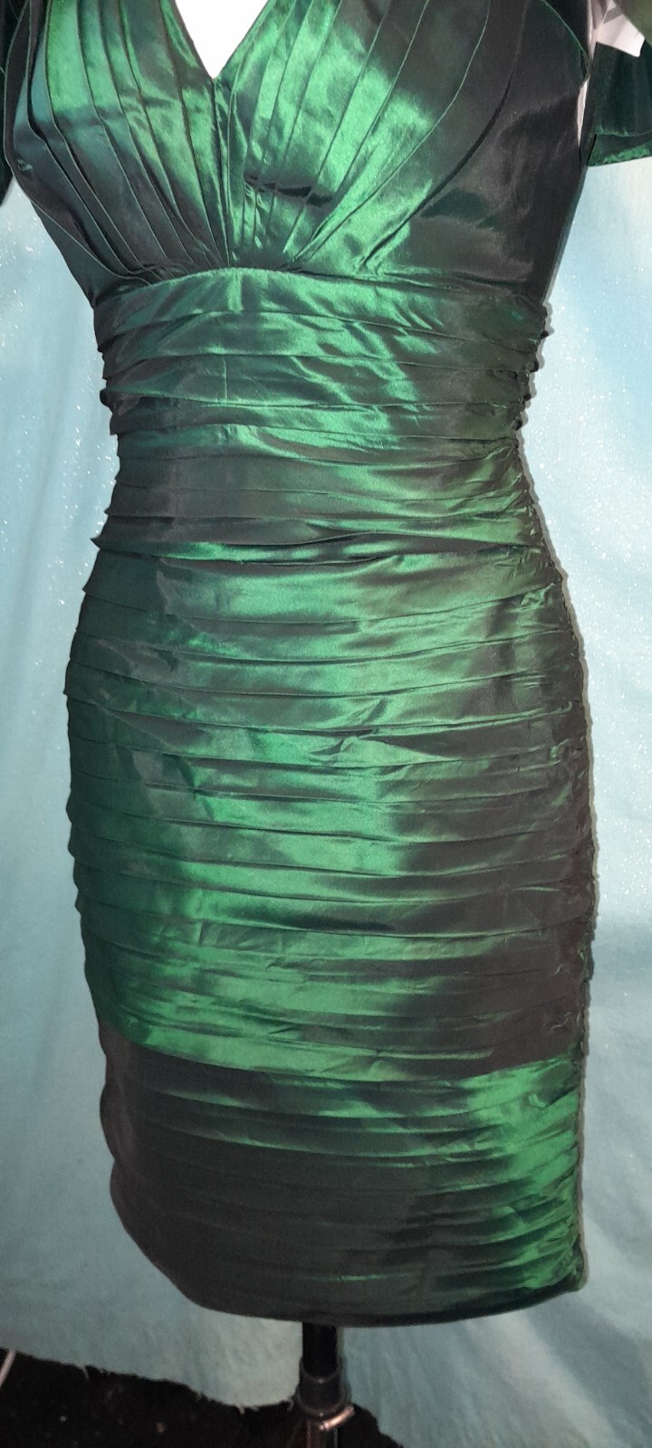 Vtg 80s Emerald Green TADASHI Pleated RUFFLE Wiggle Tafffeta Party Prom Dress S