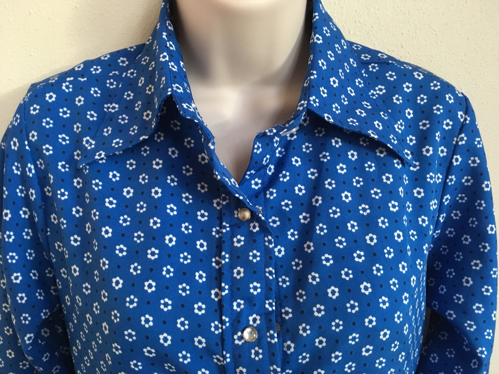 Vtg 70s Lady Lee Pearl Snap Floral Blue Western Shirt Women Size 9 10 Flower USA