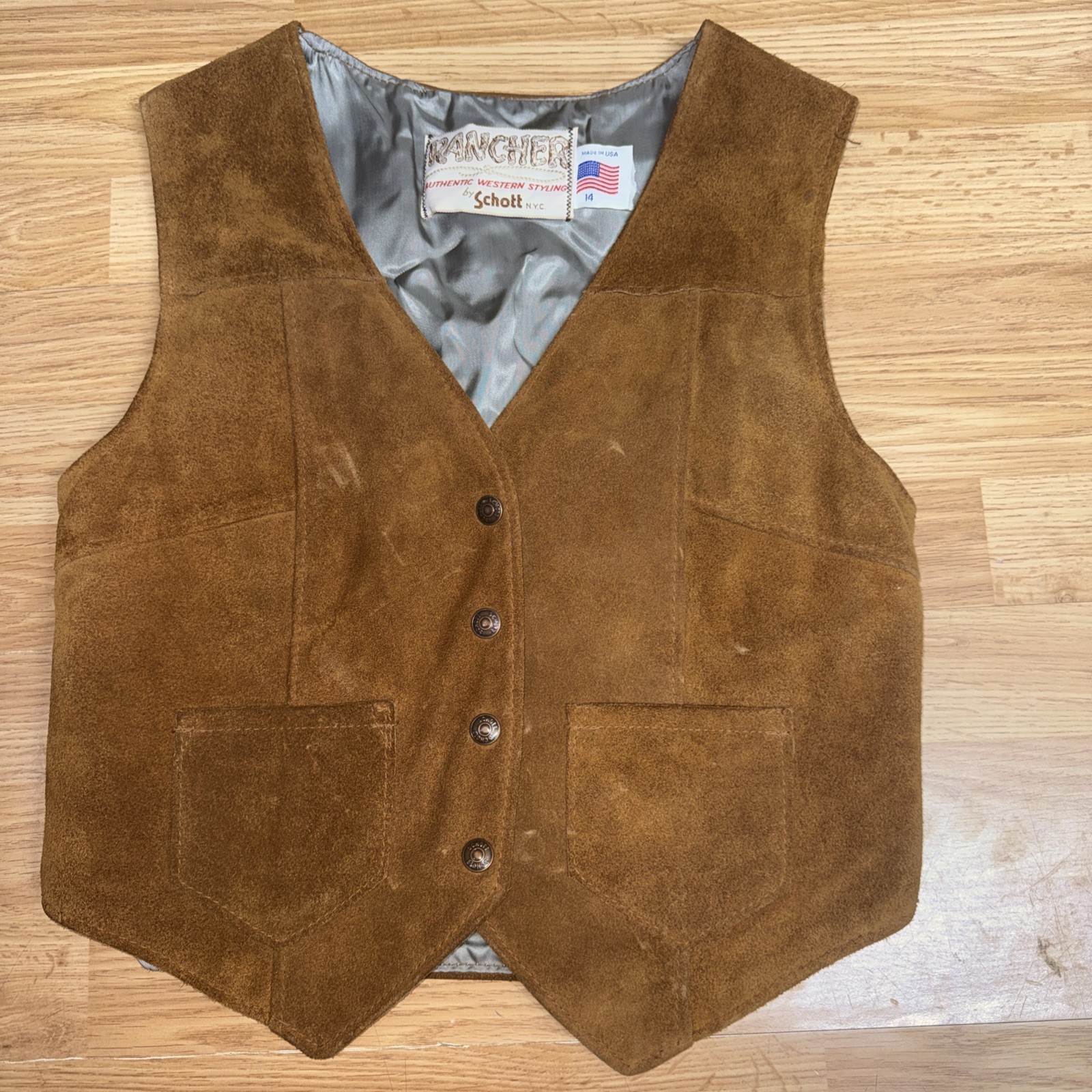 Vtg „Rancher” by Schott NYC Western Style Trucker Cowboy Suede Vest Sz 14 USA