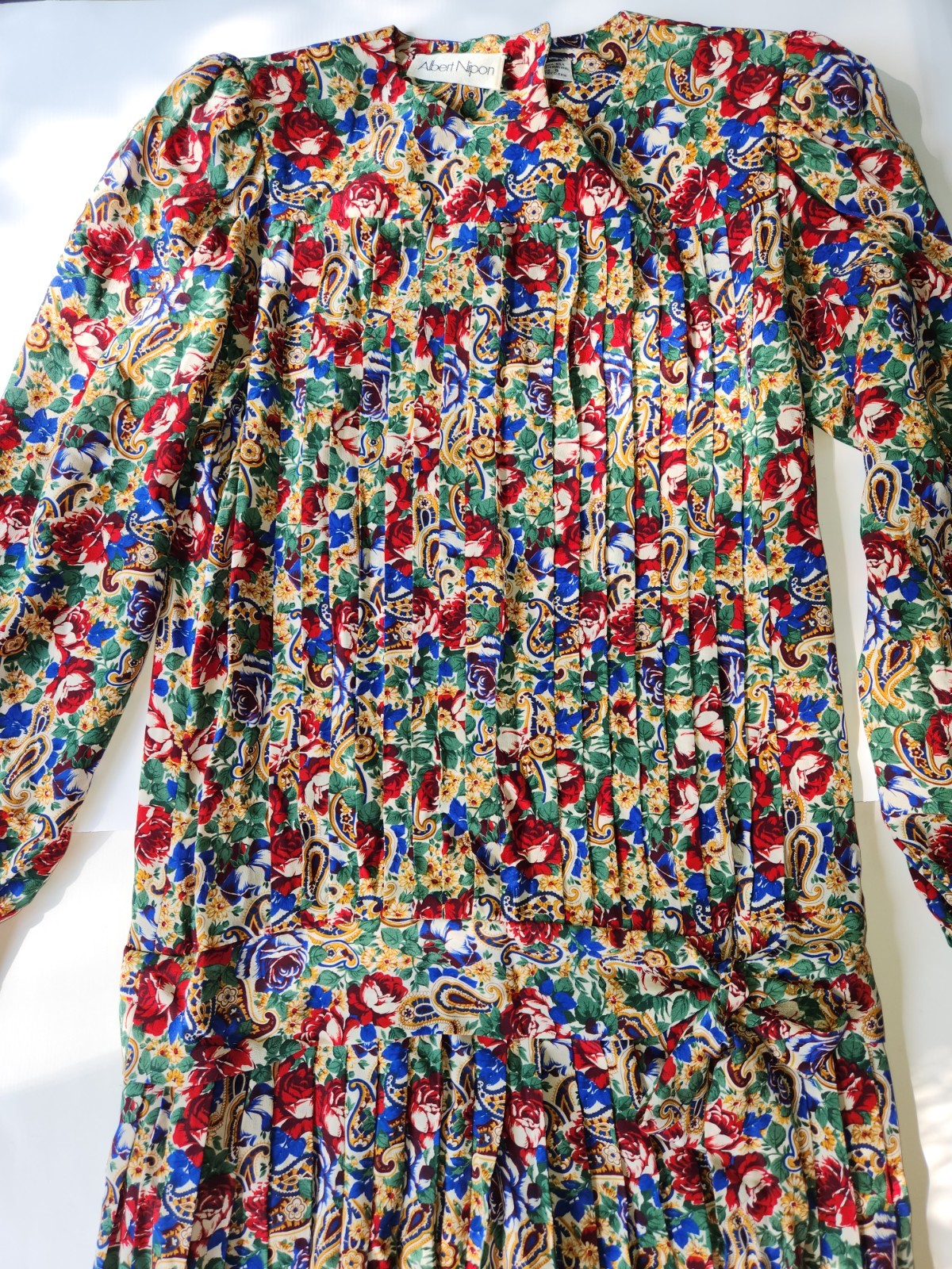 Vintage Sz 8 80s Does 20s Drop Waist Albert Nipon Silk Floral Pleated Dress