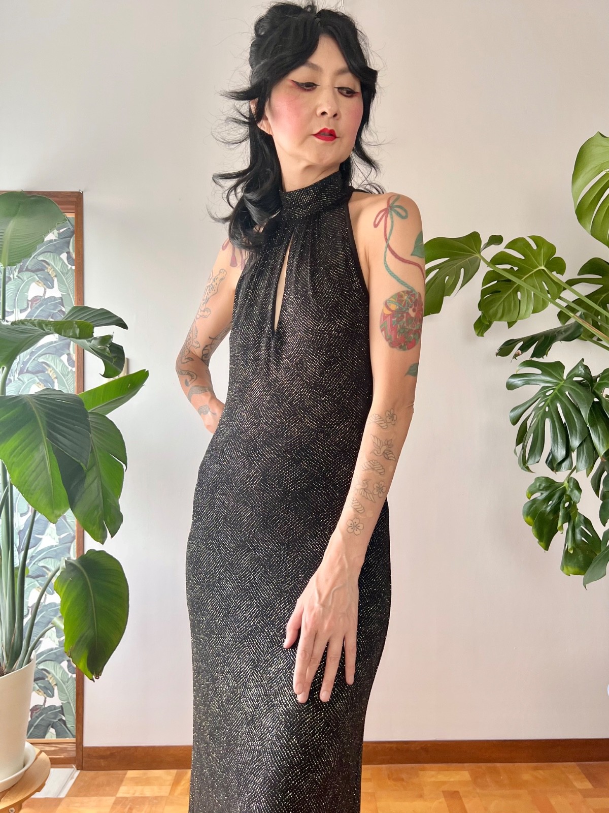 90s Does 70s Caché Open Back Black Glitter Keyhole Halter Maxi Dress Disco Gown