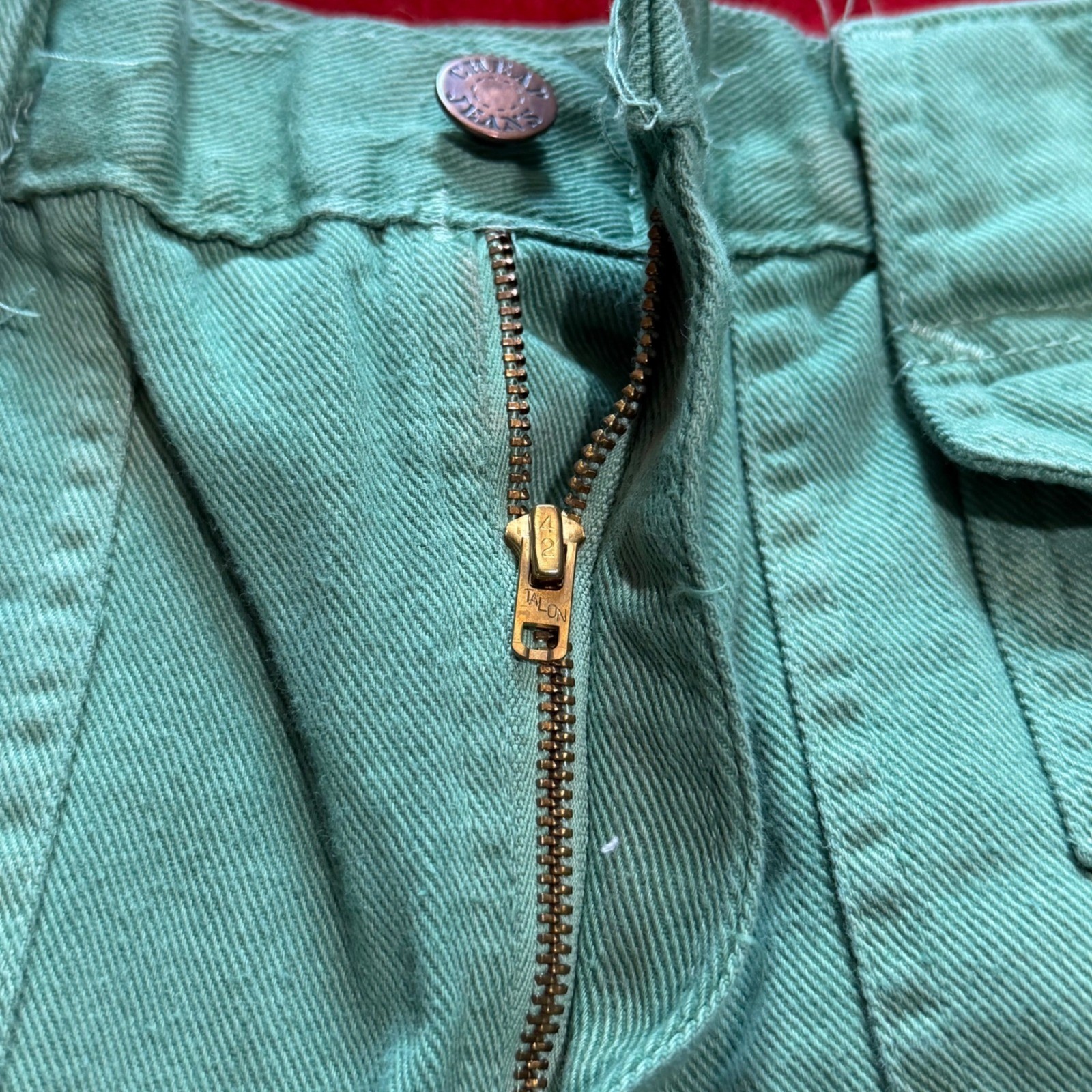VTG 70s Green Denim Flared Pants Talon 42 Zip High Waist 29×29