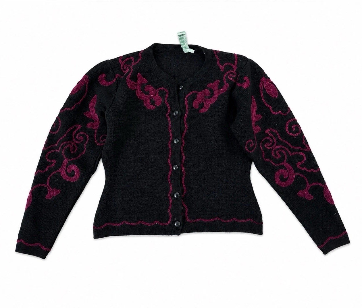 Vintage 1990’s Avant Garde Ganto’s Crewel Embellished Sweater Black Burgundy M