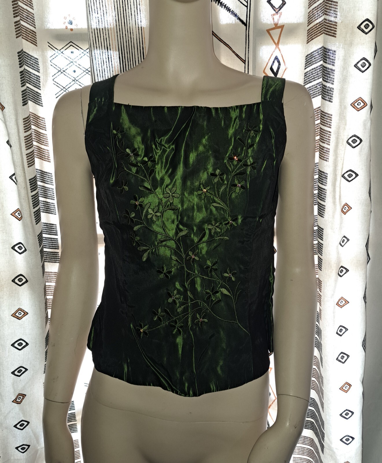 Vtg Jessica McClintock Crop Top 8 Green Satin 90s Y2K Rhinestones Embroidery