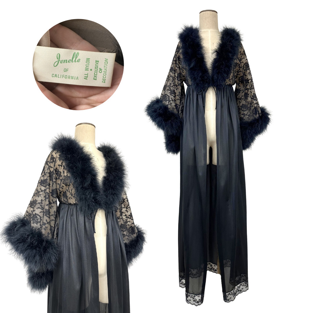 Vintage 1960s Jenelle Black Marabou Feather and Nude Illusion Lace Peignoir Robe